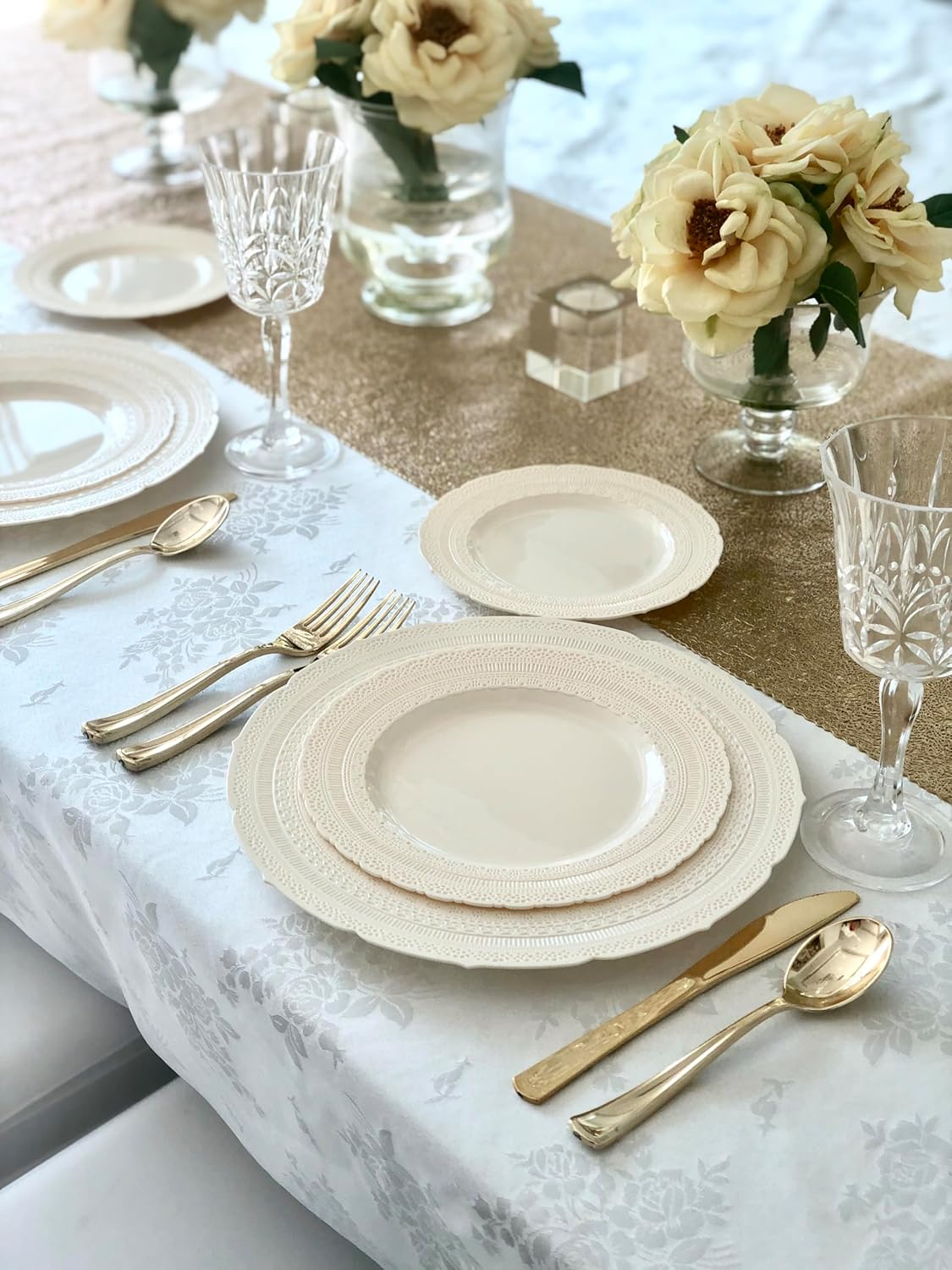 OCCASIONS 720 Pcs set(120 guest) - Extra Heavyweight Vintage Wedding Party Disposable Plastic Plates + Silverware (Double Fork) (Chateau in Ivory, Gold Silverware)