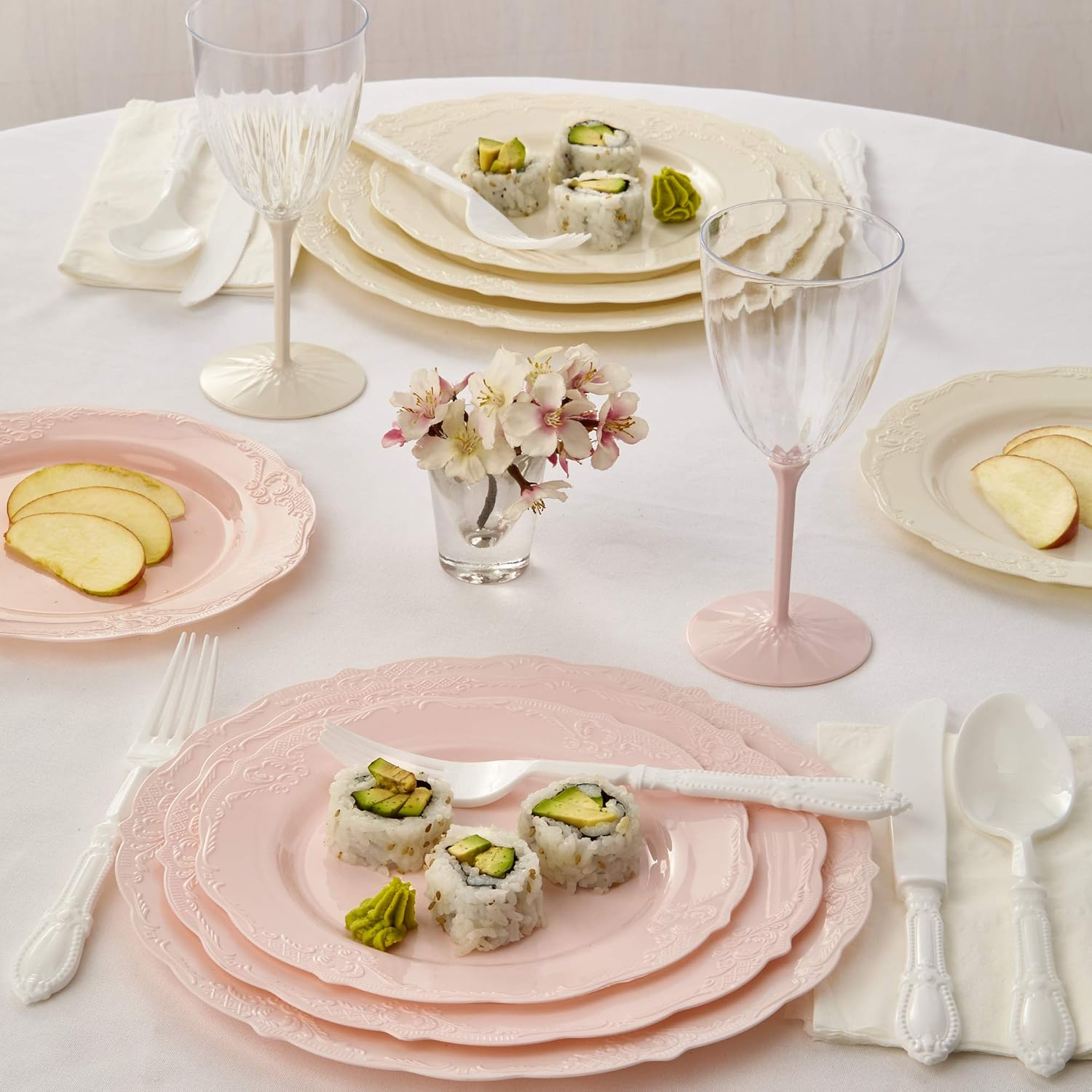 VINTAGE COLLECTION DISPOSABLE WINE GLASSES | Reusable Stemmed Wine Cups | for Upscale Wedding and Dining | Includes 6 Plastic Cups (Cream)