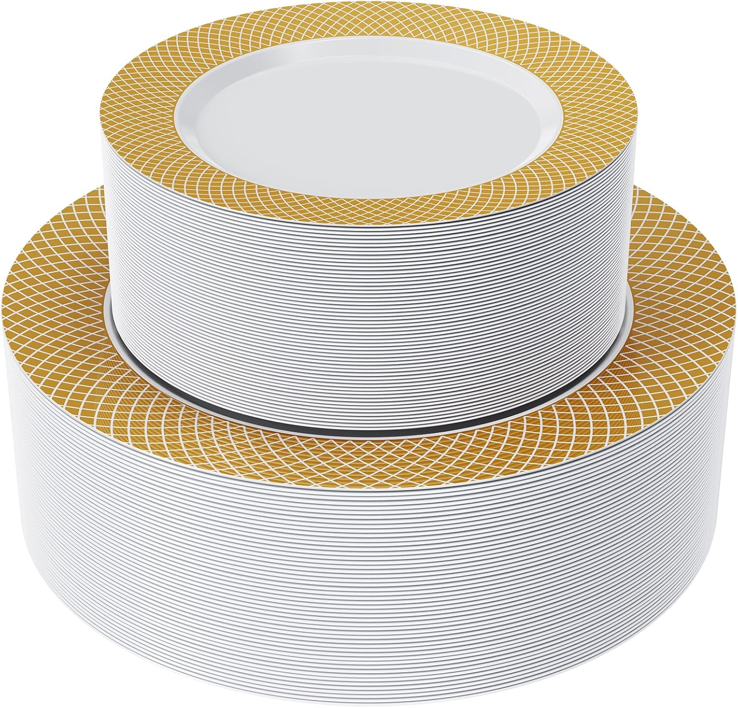 FOCUSLINE Gold Plastic Plates Set of 102, Disposable Plates with Gold Grid Rim 51 Dinner Plates 10" and 51 Salad Dessert Appetizer Plates 7", Elegant Fancy Heavy Duty Wedding Party Plates