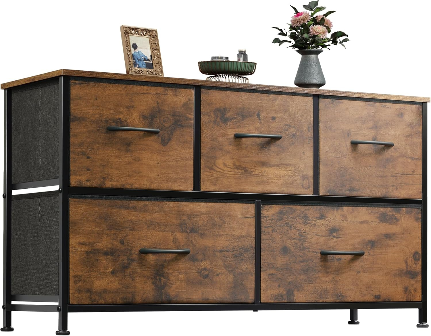 WLIVE Dresser for Bedroom with 5 Drawers, Wide Chest of Drawers, Fabric Dresser, Storage Organizer Unit with Fabric Bins for Closet, Living Room, Hallway, Rustic Brown Wood Grain Print