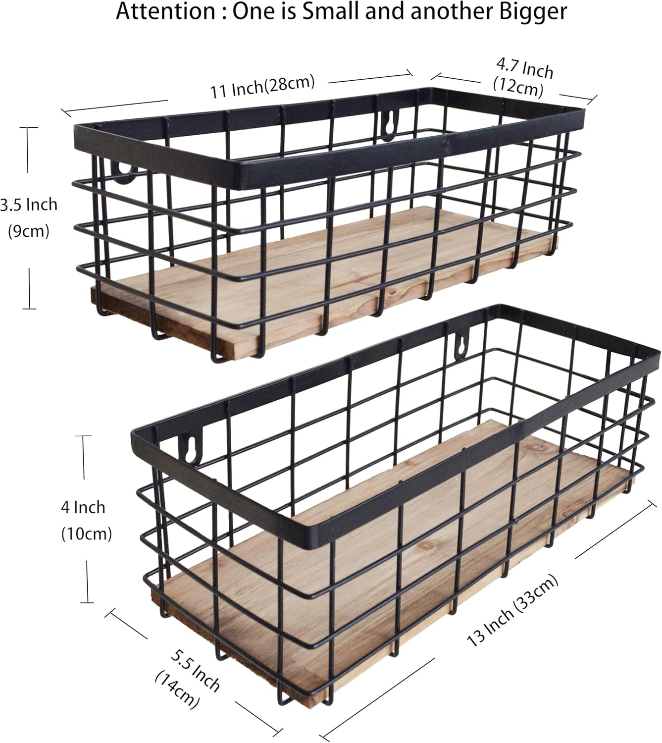 Metal Wire Basket Detachable Wood Base Storage Organizer Farmhouse Small Bins for Kitchen Cabinets, Bathroom, Pantry, Laundry Room, Closets Set of 2,Black Color