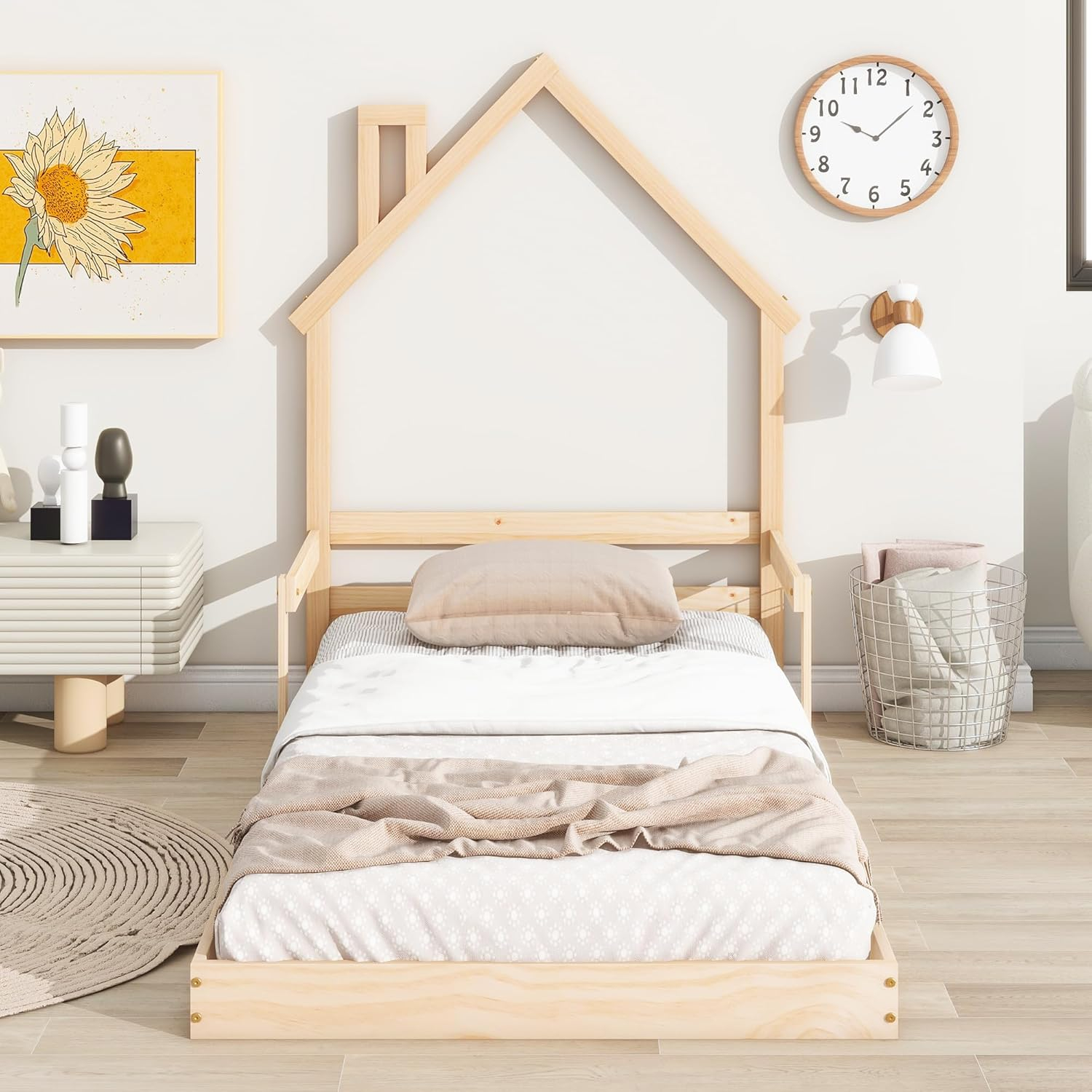 Sesslife Twin Bed Frame with House-Shape Headboard, Wood Platform Bed with Guardrail for Kids Teens, Cute Floor Bed with Strong Wood Slats Support, Easy Assembly, No Box Spring Needed, Oak
