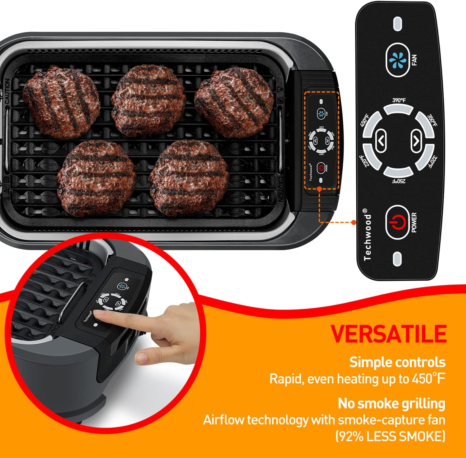 Techwood 1500W Gray Electric Indoor Smokeless Grill with Temperature Control