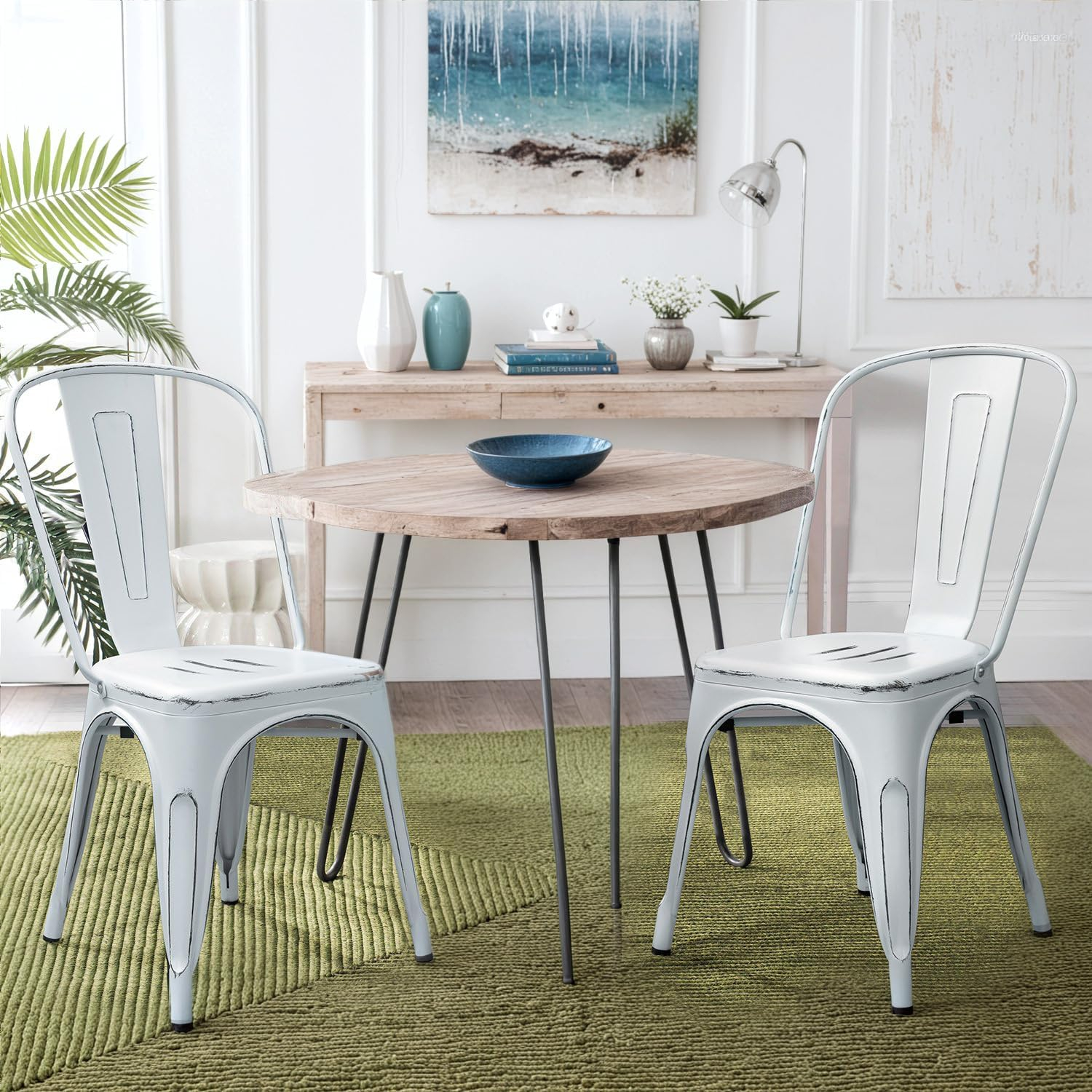 JUMMICO Metal Dining Chair Stackable Indoor Outdoor Industrial Vintage Chairs Bistro Kitchen Cafe Side Chairs with Back Set of 4 (Distressed White)