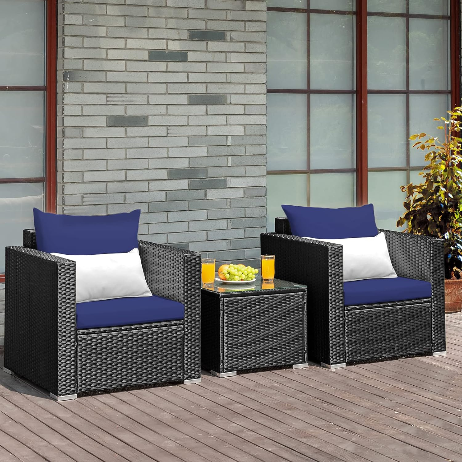 Kadyn Patio Furniture Sets, Outdoor Bistro Conversation Set, 3 Pieces Patio Wicker Conversation Set with Cushion-Navy