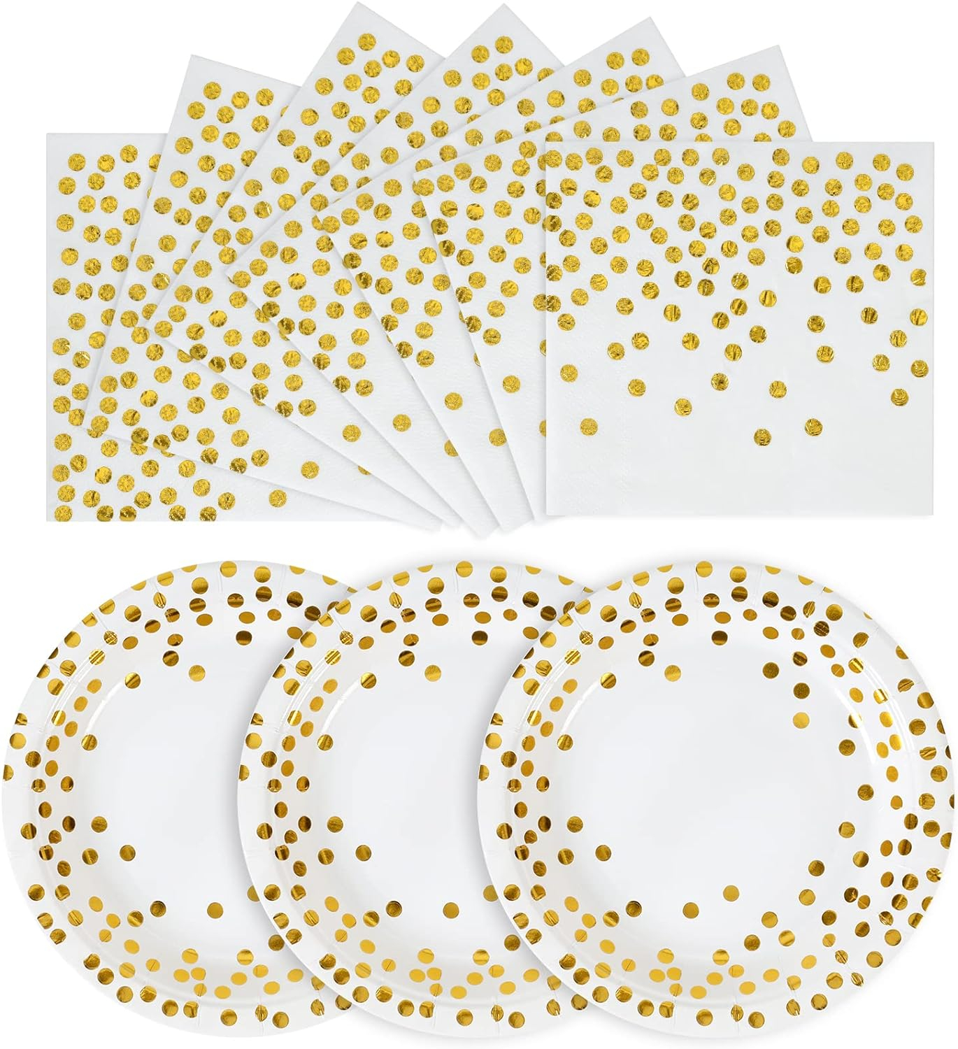 Disposable Paper Plates 100 Pack - White and Gold Paper Plates 50 x 7" & Gold Dot Napkins 50 x 6.5",Plate and Napkins Party Supplies for Weddings, Birthdays,All Occasions