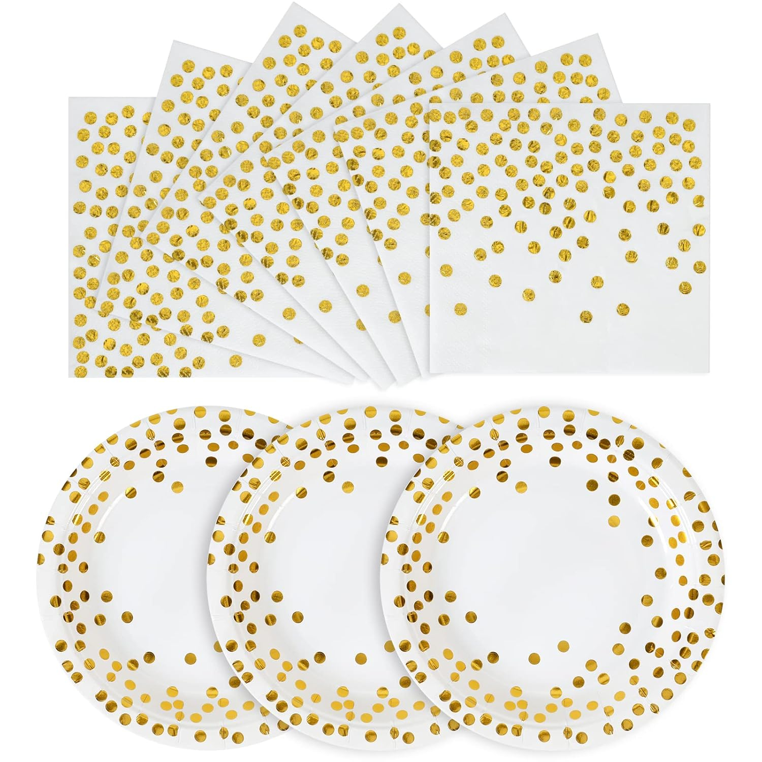 Disposable Paper Plates 100 Pack - White and Gold Paper Plates 50 x 7" & Gold Dot Napkins 50 x 6.5",Plate and Napkins Party Supplies for Weddings, Birthdays,All Occasions