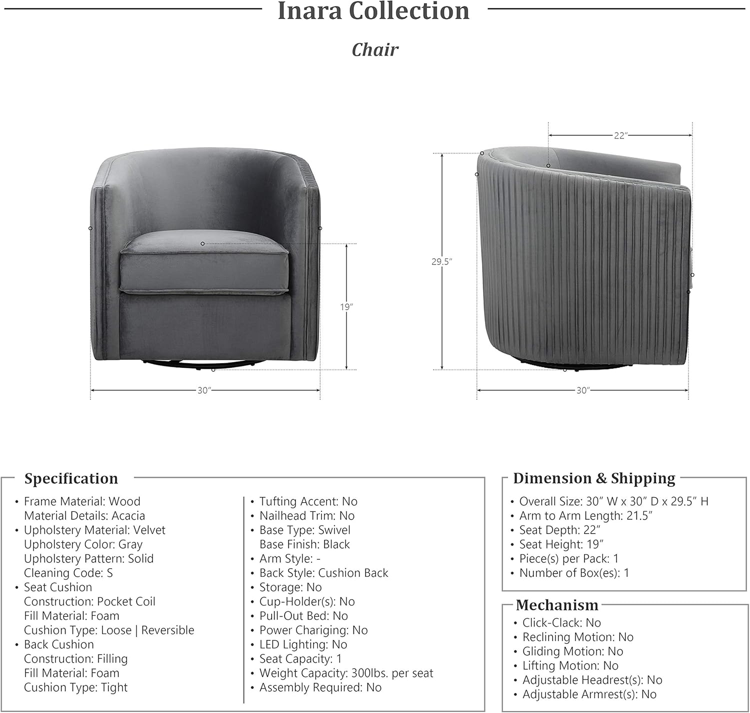 Gray Velvet Barrel Swivel Accent Chair with Metal Frame