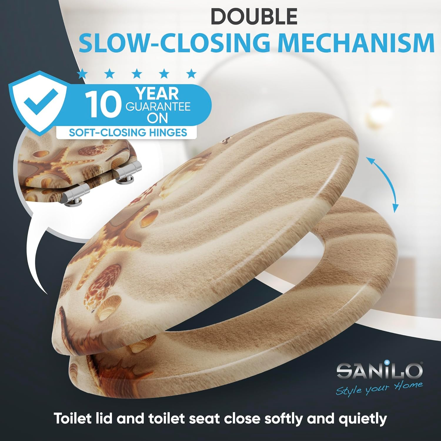 Sanilo Soft Close Toilet Seat ROUND, Quiet and Slow Close Lid and Seat, Strong Bumpers and Hinges, Sanibel