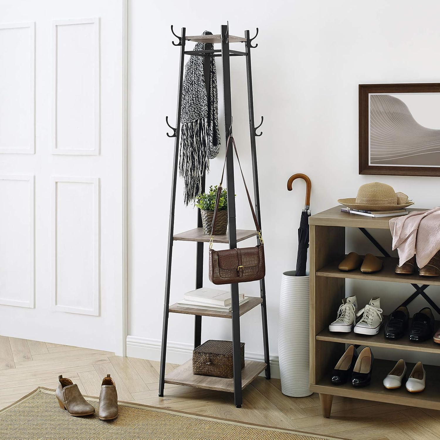 VASAGLE ALINRU Coat Rack with 3 Shelves Stand with Hooks for Scarves Bags and Umbrellas