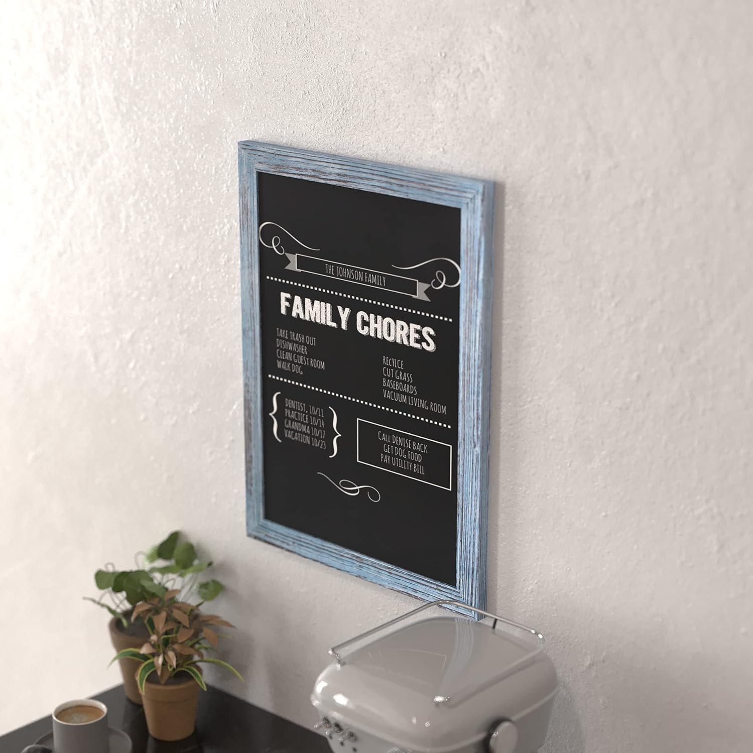 HBCY Creations Rustic Blue Magnetic Wall Chalkboard, 18" x 24", Framed Decorative Chalkboard with Eraser - For Kitchen, Weddings, Restaurant Menus and More!