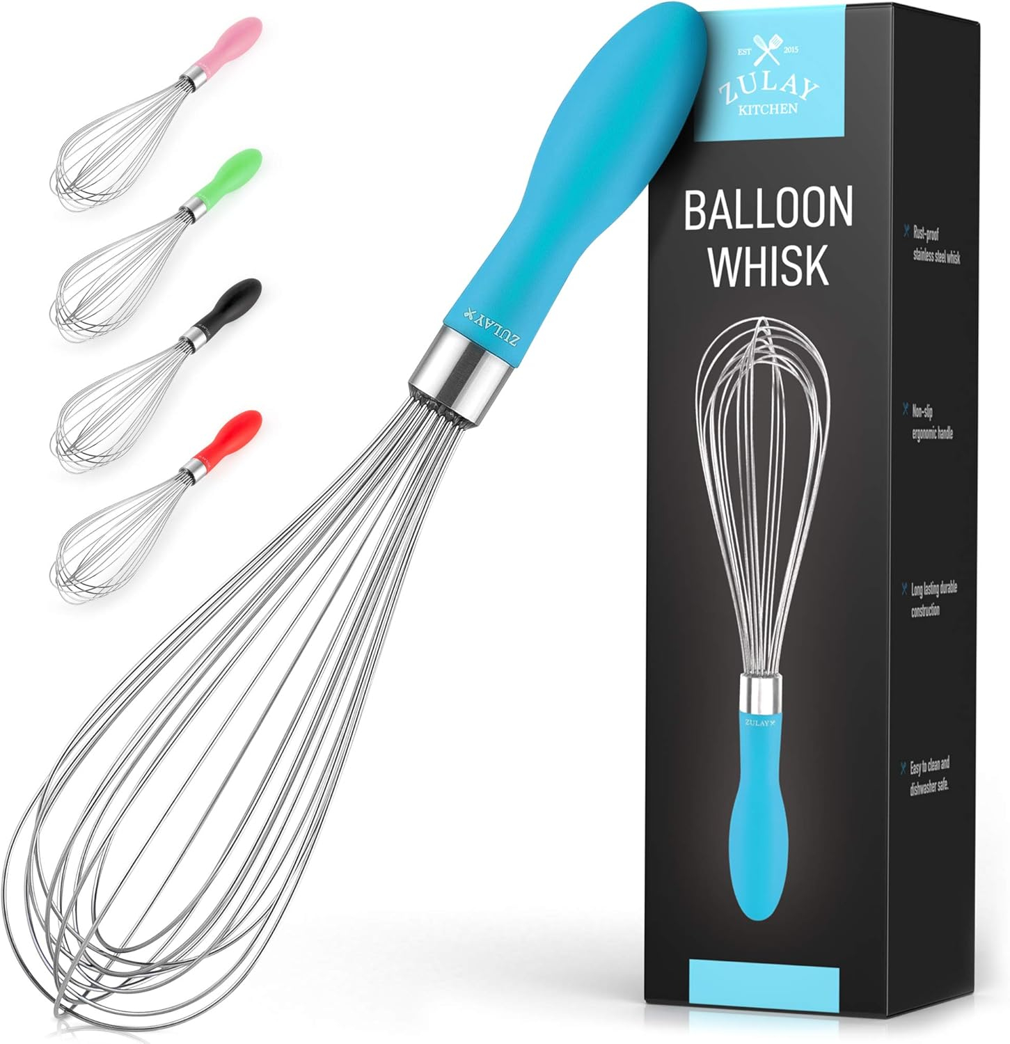 Zulay Kitchen Stainless Steel Balloon Whisk 12 Inch – Heavy Duty and Durable Wire Whisk with Non-Slip Silicone Handle for Blending, Whipping & Beating - Light Blue