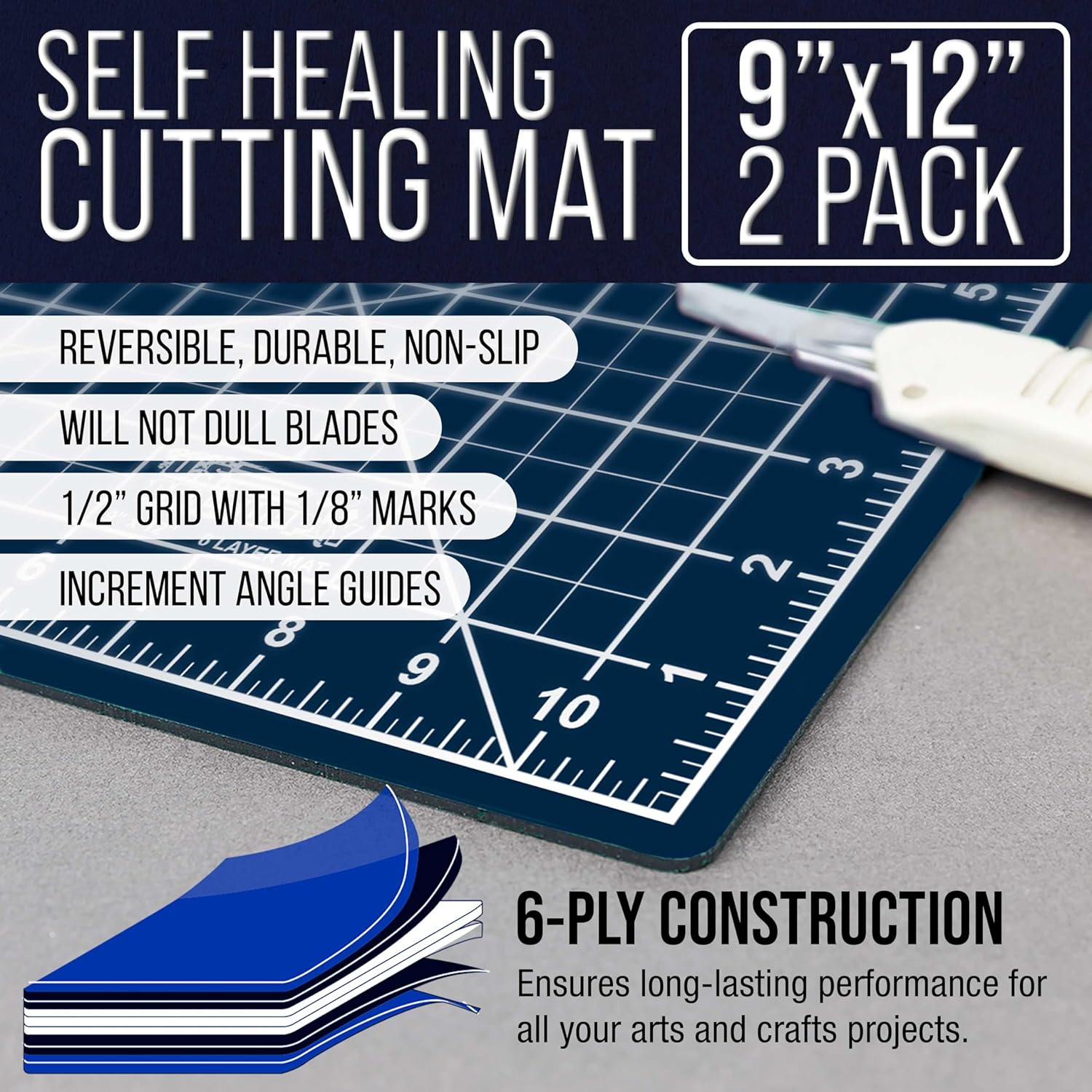U.S. Art Supply 2 Pack of 9" x 12" White/Blue Professional Self Healing 5-6 Layer Double Sided Durable Non-Slip PVC Cutting Mat
