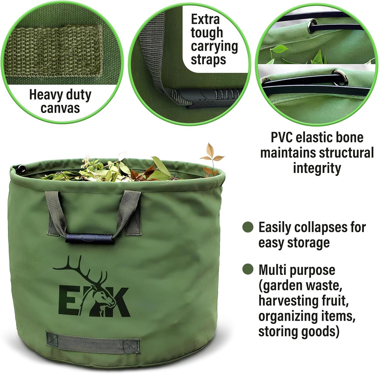 ELK 33-Gallon Multipurpose Garden Leaf Waste Bag - Durable Canvas for Yard Cleaning, Harvesting, and Storage - Heavy Duty with Rubber Handles and PVC Elastic Bone