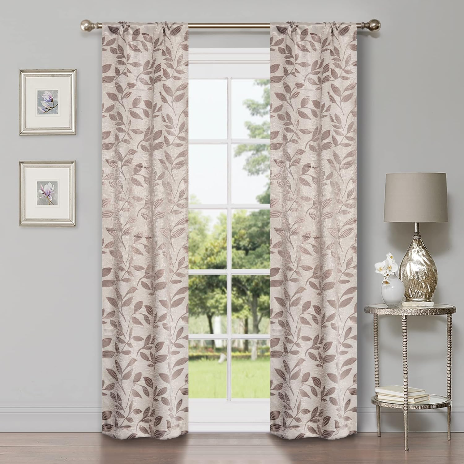 Superior Leaves Blackout Curtain Panel, Rod Pocket, Set of 2, 26" W x 84" L, Espresso
