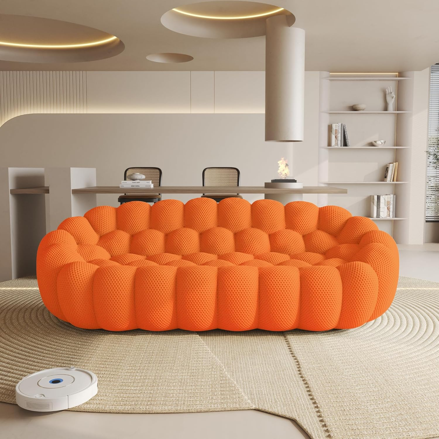 Bubble Couch, 98.43'' Modern 3-Seater Lazy Floor Couch, Memory Foam Bubble Round Sofa 3D Honeycomb Shape Curved Sofas for Living Room, Office, Apartment (Orange)