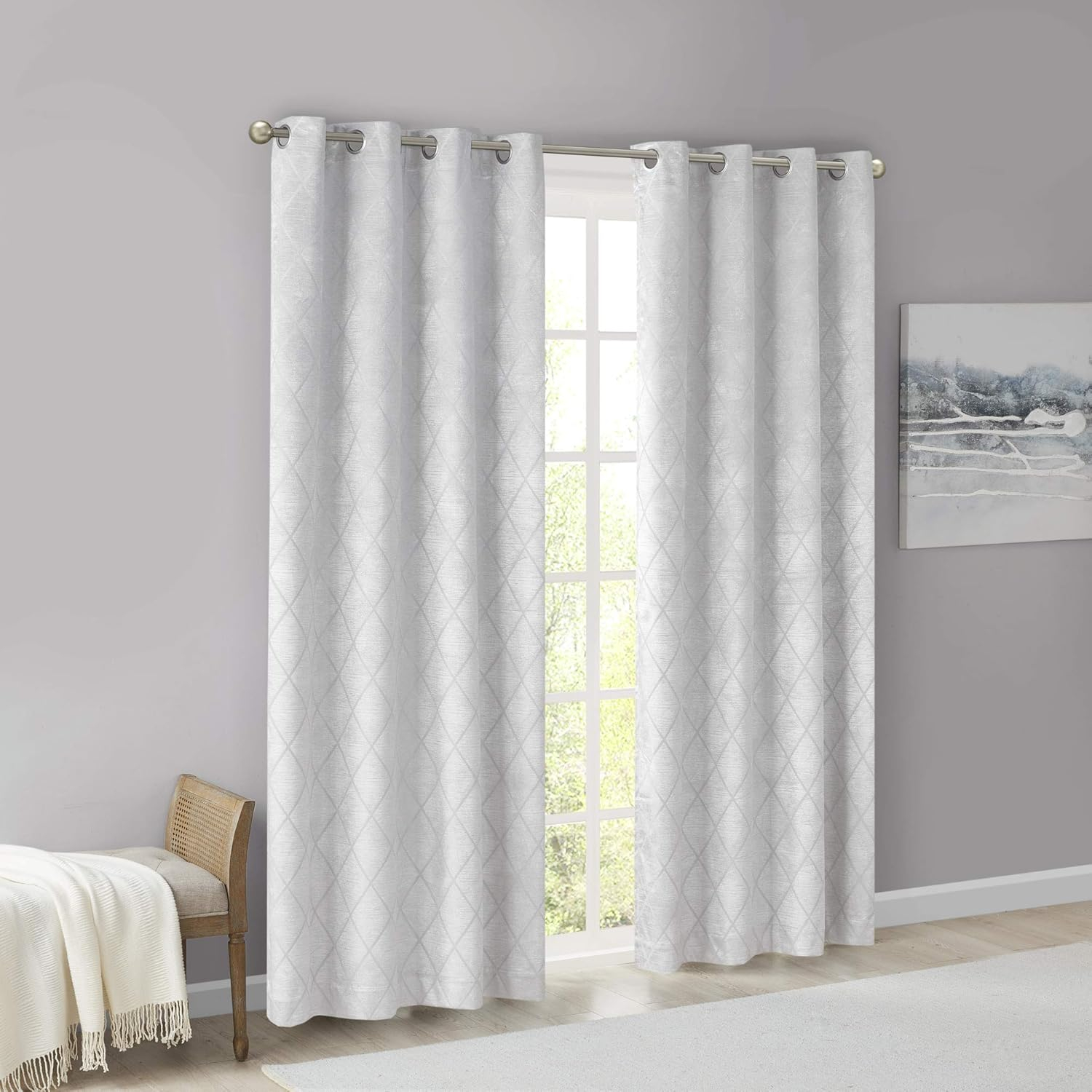 Sun Smart Taylor Total Blackout Curtain Single Window, Diamond Jacquard Grommet Top Living Room Decor Thermal Insulated Light Blocking Drape for Bedroom and Apartments, 50" x 95", Silver