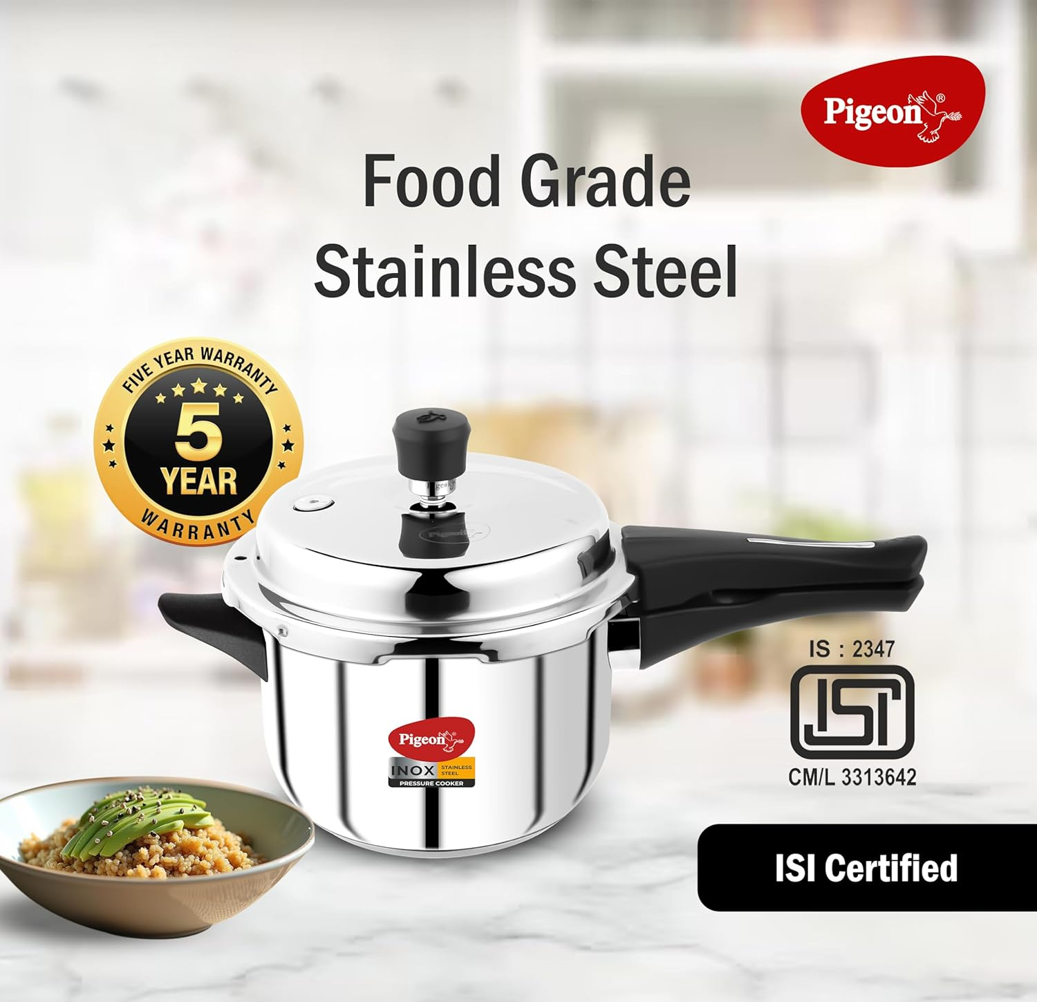 Pigeon Pressure Cooker - 3 Quart - Inox Stainless Steel Outer Lid Induction Base - Cook delicious food in less time: soups, rice, legumes, and more - 3 Liter