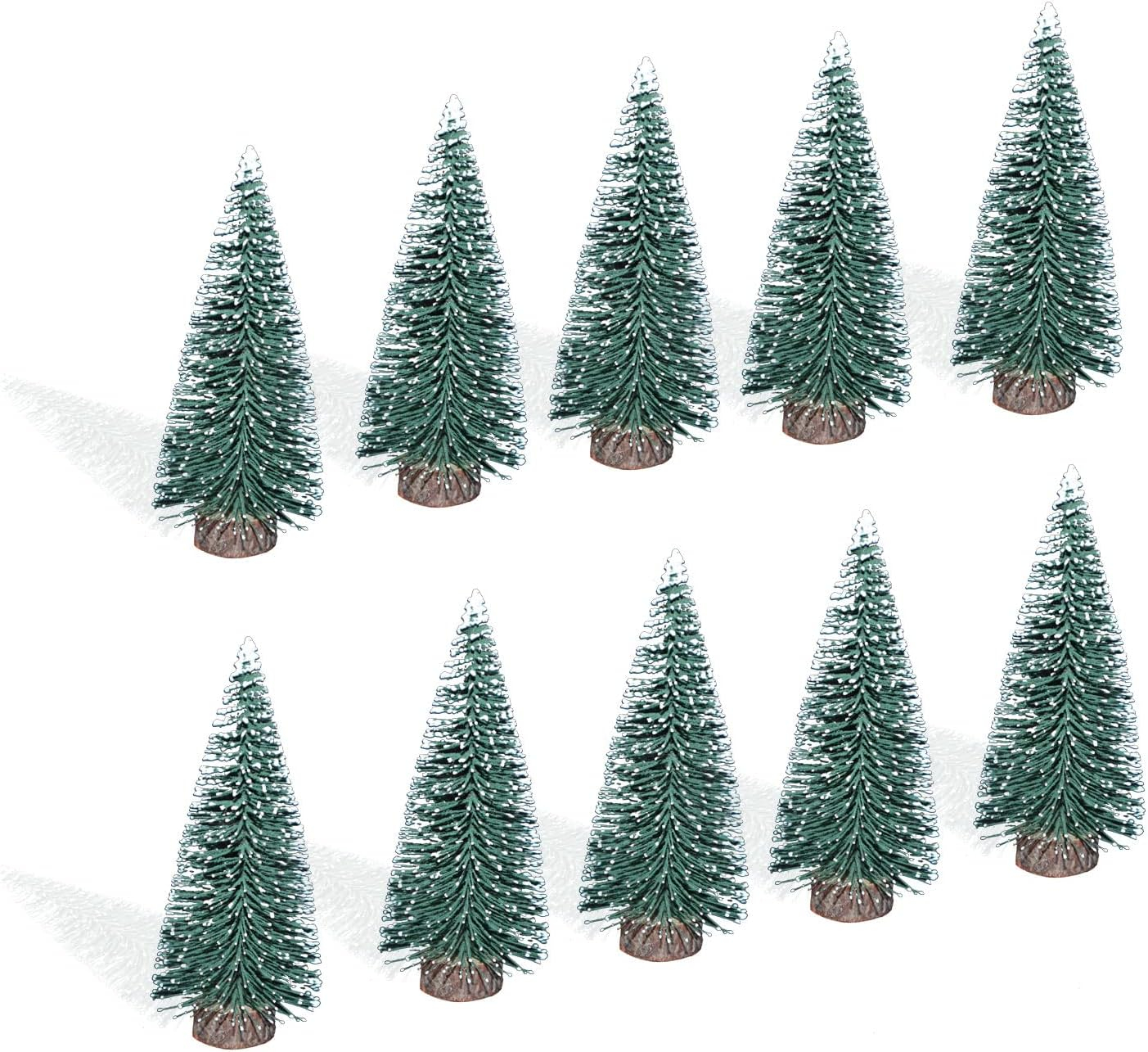 10pcs 4inch Mini Christmas Tree Bottle Brush Trees Chrismas Village Trees Ornaments Mini Plastic Christmas Trees with Wooden Base for Christmas Decoration Miniature Chrismas Tree