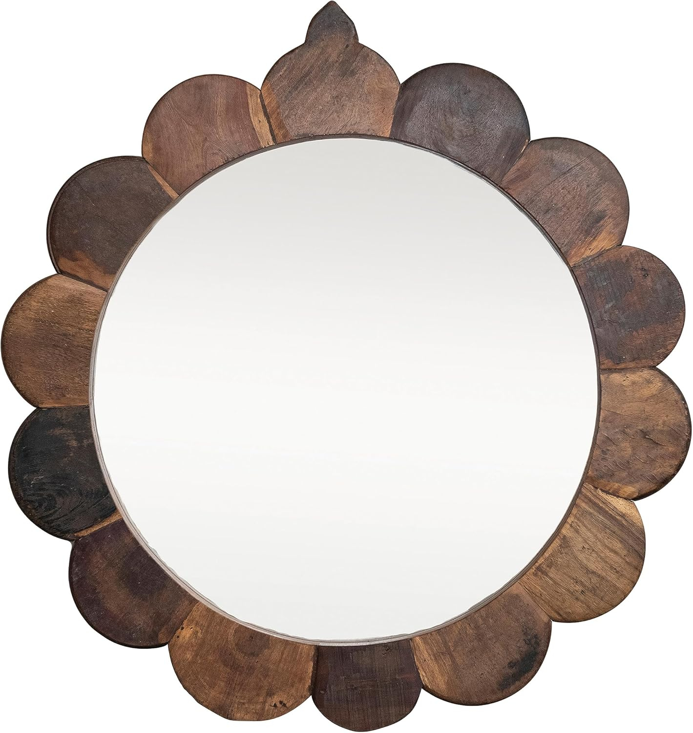 35 Inches Round Vintage Reclaimed Wood Framed Scalloped Wall Mirror, Natural