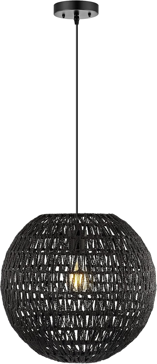 Luna 15.75" 1-Light Bohemian Modern Woven Rattan/Iron LED Pendant, Black