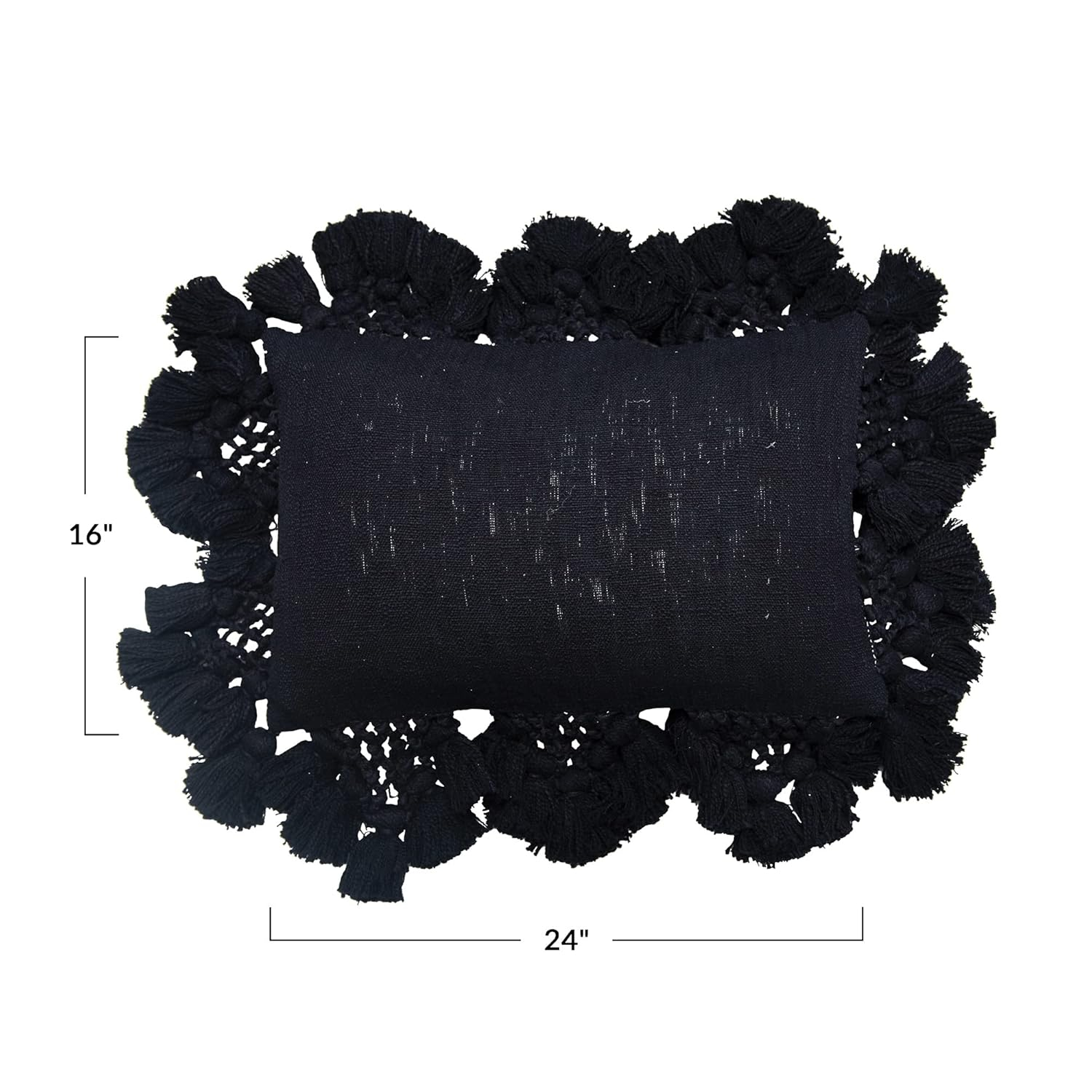Black Cotton Lumbar Pillow with Crochet and Tassel Edging