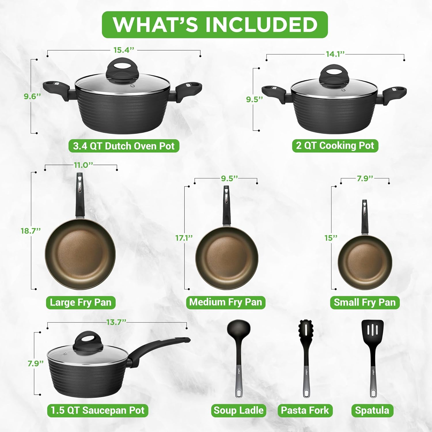 NutriChef 12-Piece Nonstick Kitchen Cookware Set - Professional Hard Anodized, Includes Saucepan, Frying Pans, Cooking Pots, Dutch Oven Pot, Lids, Utensils - NCCW12S, Black