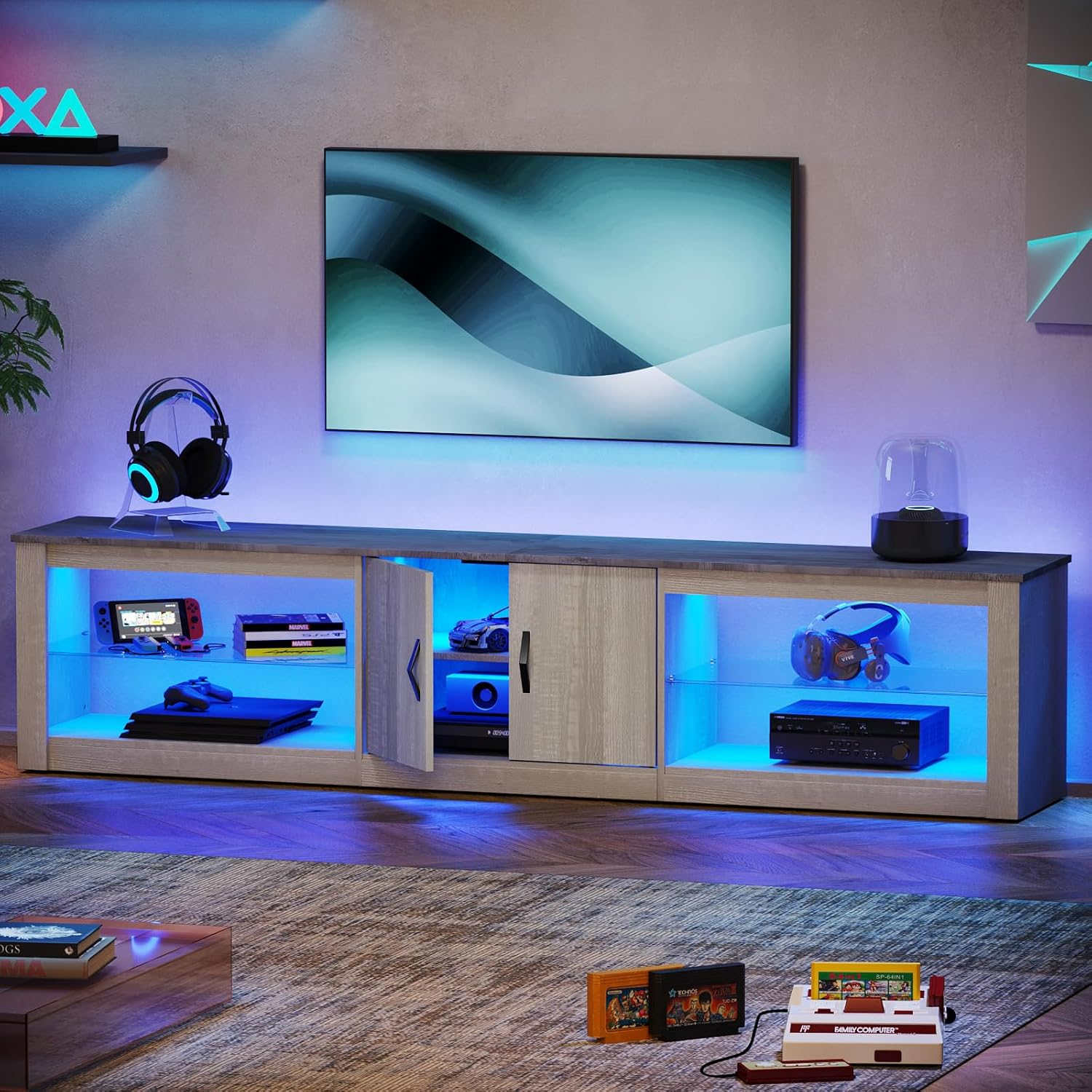 Bestier 80 Inch TV Stand for 75/77/85/86 inch TVs, LED Gaming Entertainment Center for PS5 with Storage Cabinet &Adjustable Glass Shelves, Modern TV Console Table for Living Room Bedroom, Wash White