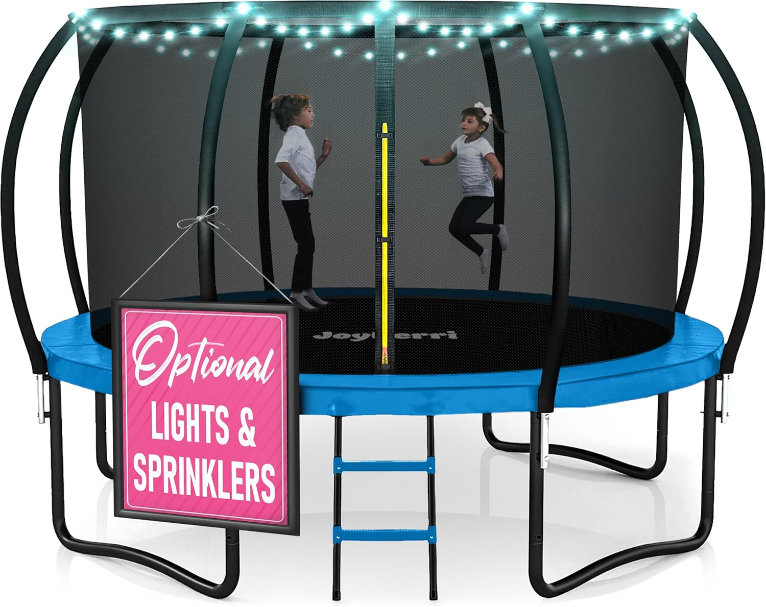 Trampoline Outdoor - ASTM Certified Safe, 8Ft, 10Ft, 12Ft, 14Ft, 15Ft, 16Ft Recreational Trampoline for Kids and Adults. Anti-Rust Coating with Enclosure Net, Ladder, Sprinkler & LED Lights