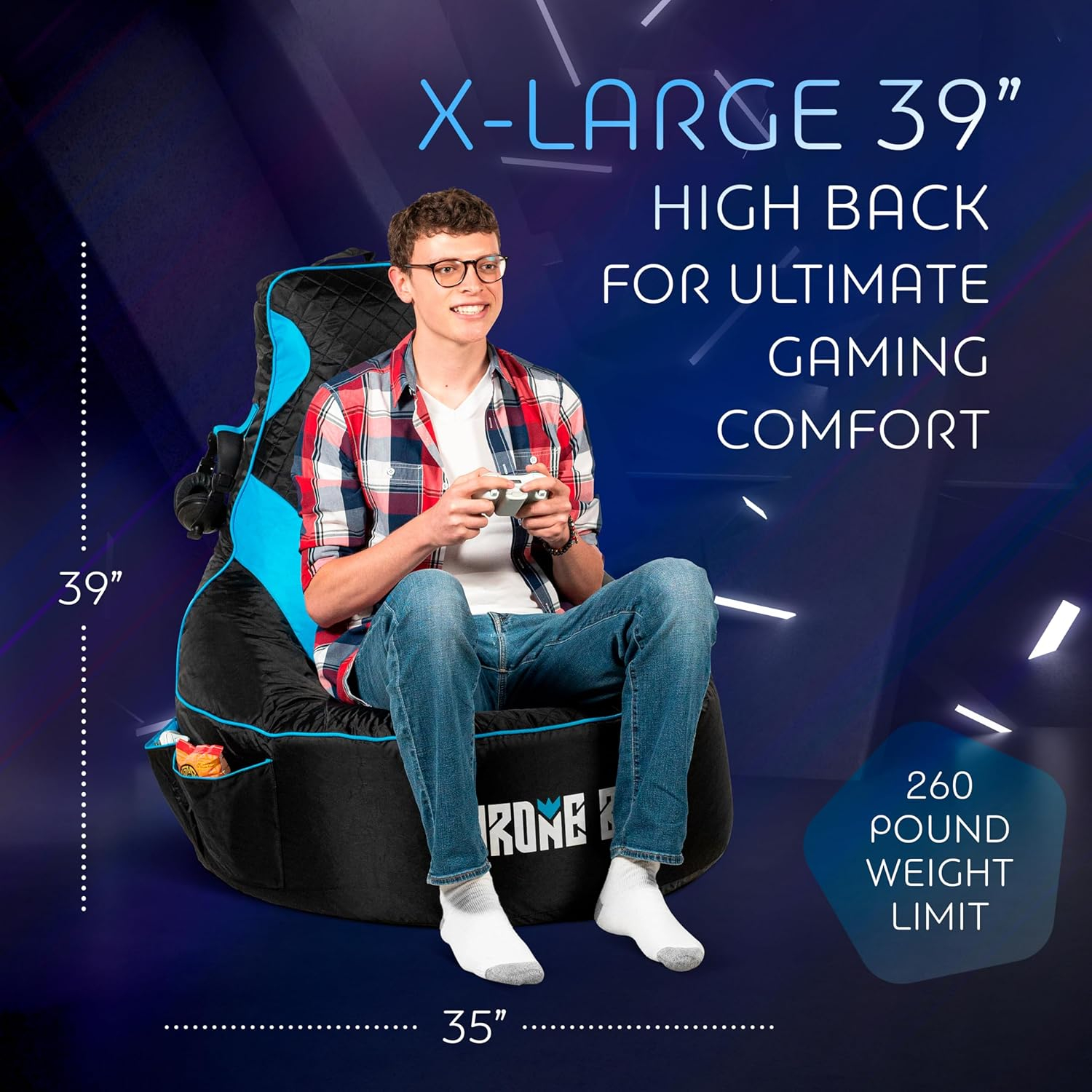 Gaming Bean Bag Chair for Adults and Teens [Cover ONLY No Filling] - High Back Beanbag or Dorm Chair with Cup Holder for Gamers (Black/Blue)