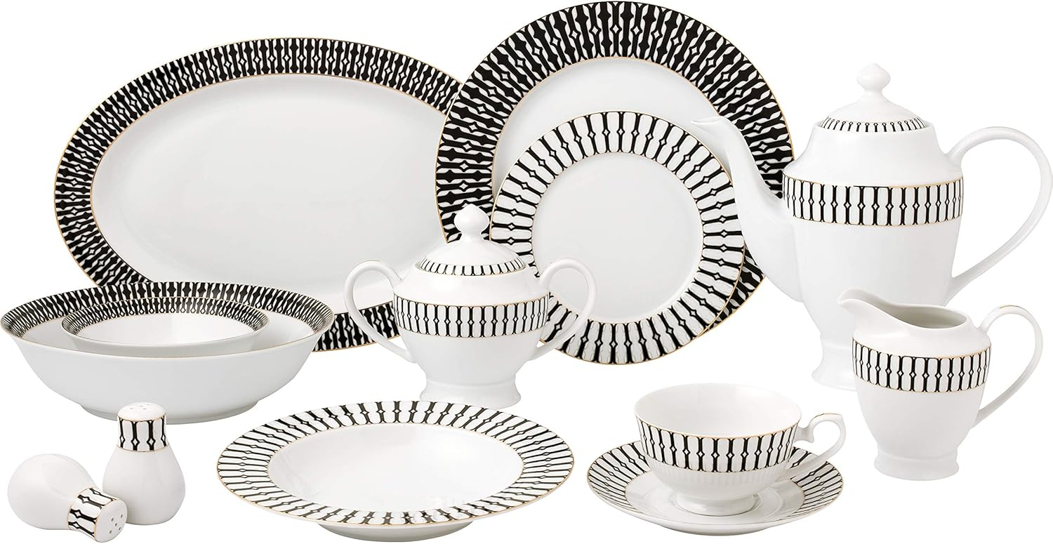 Lorren Home Trends Fiesta-57 57 Piece La Luna New Bone China Black & White Dinnerware Set, Service for 8