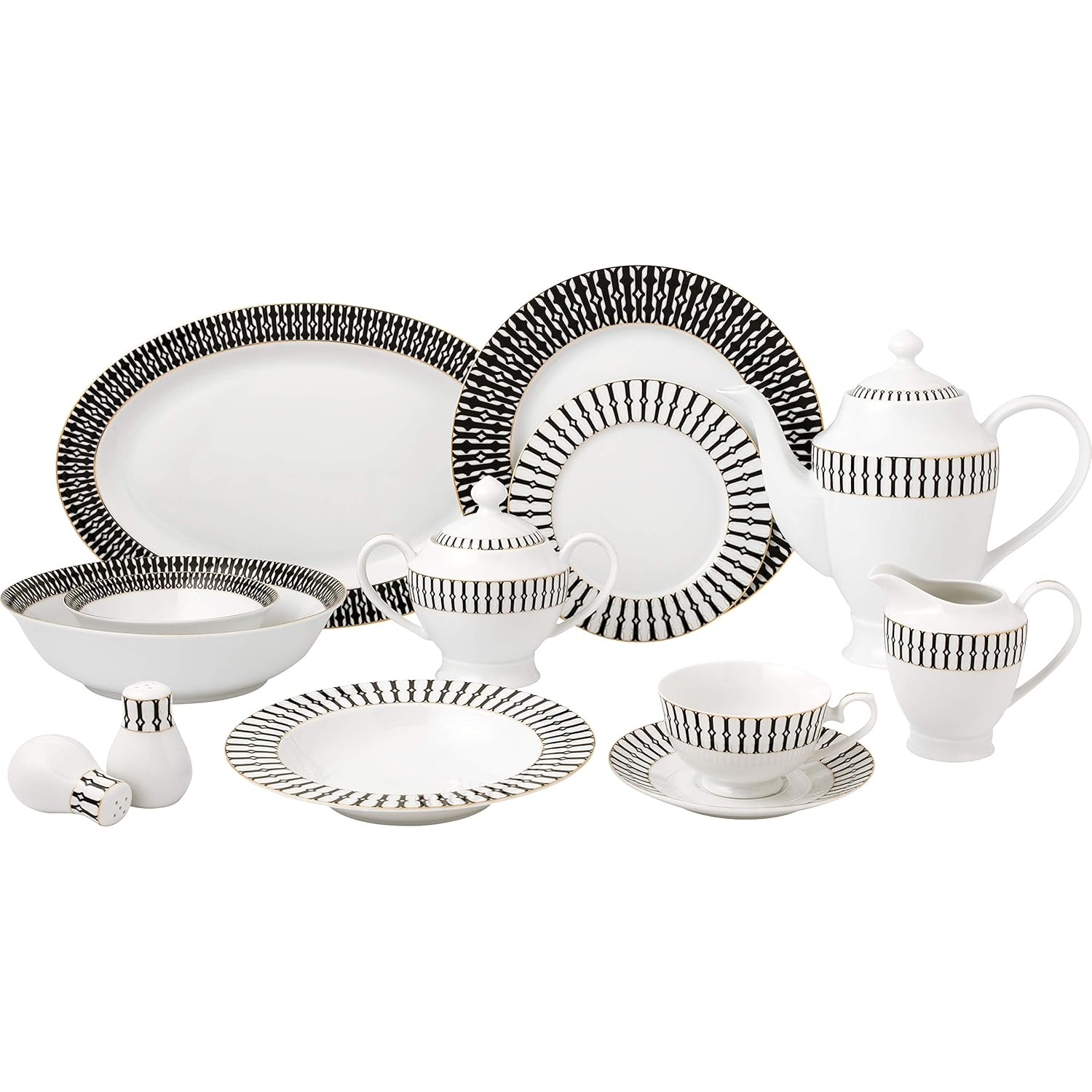 Lorren Home Trends Fiesta-57 57 Piece La Luna New Bone China Black & White Dinnerware Set, Service for 8