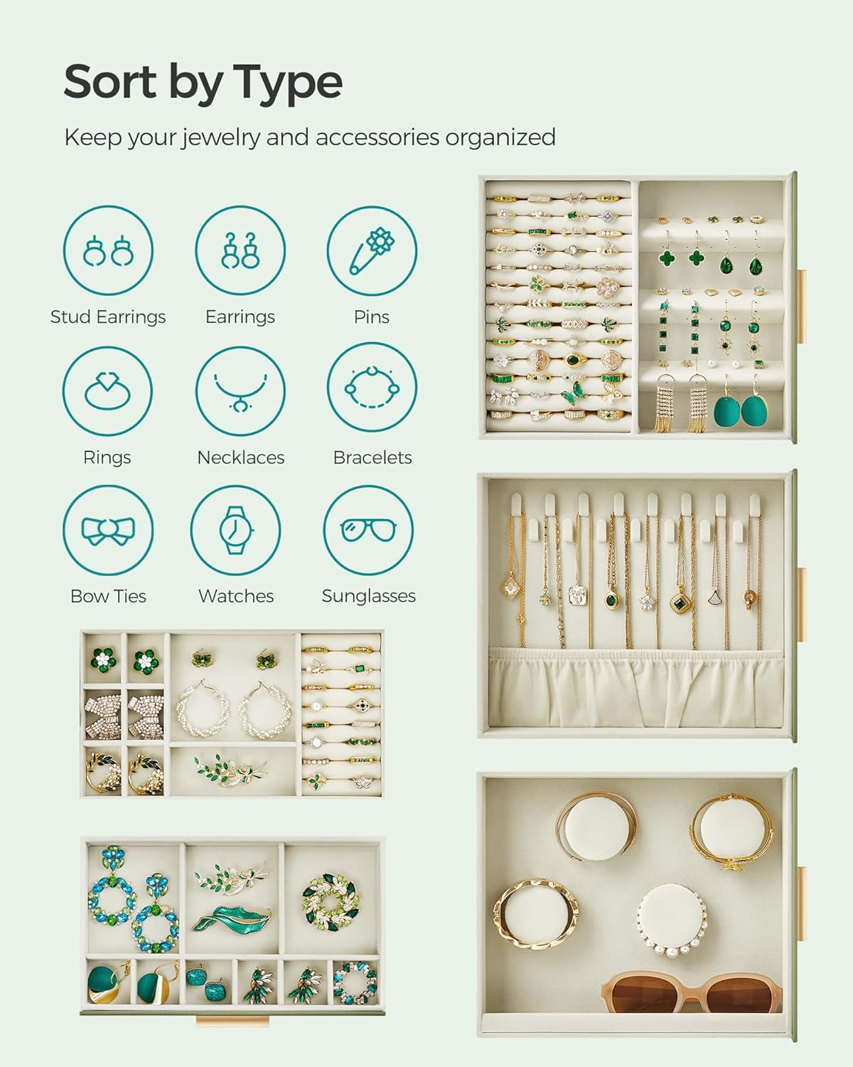 SONGMICS Jewelry Box with Glass Window, 5-Layer Jewelry Organizer with 3 Side Drawers, Jewelry Storage, with Big Mirror, Modern, 6.1 x 10.3 x 12.6 Inches, Laurel Green and Metallic Gold UJBC162C02
