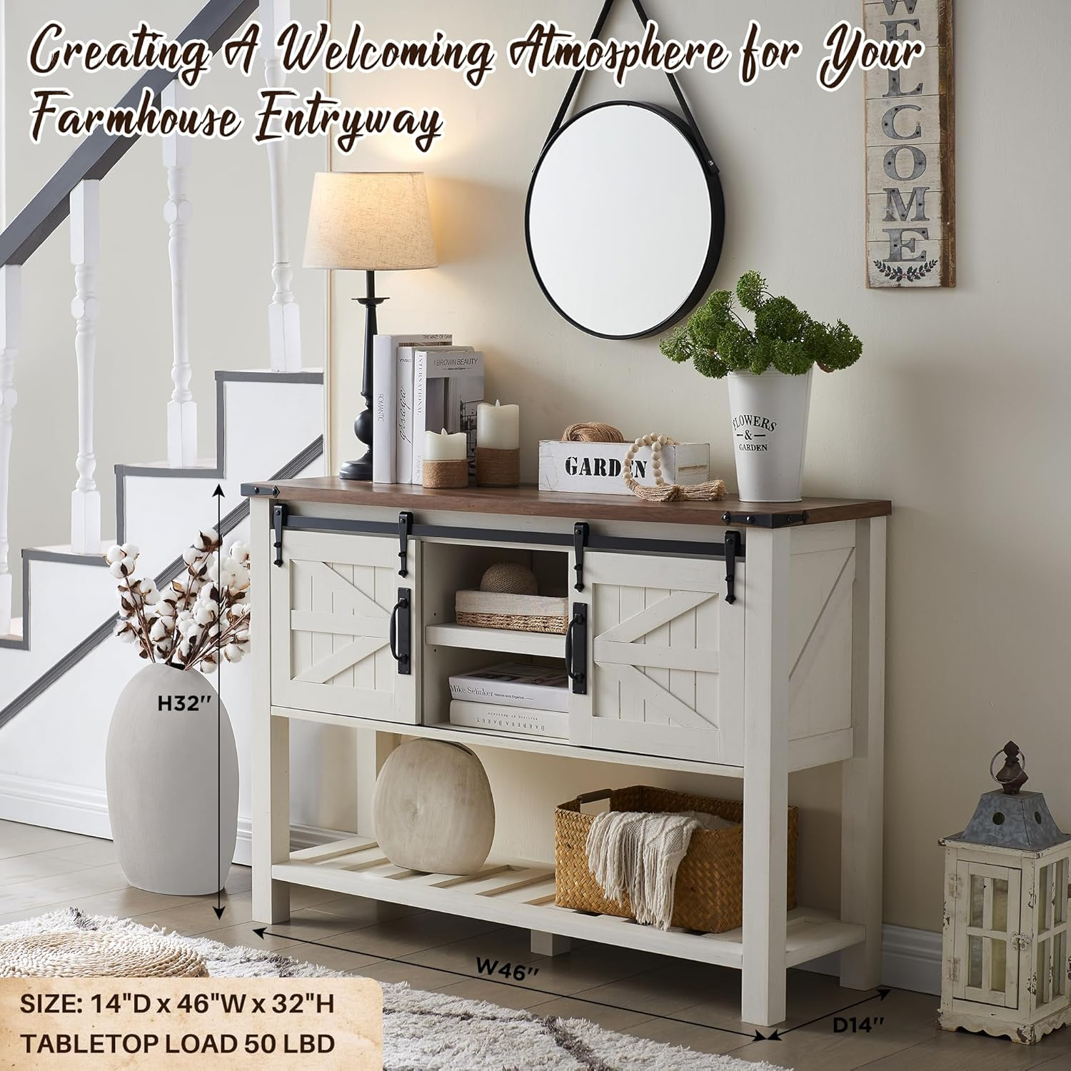 OKD Entryway Table with Sliding Barn Doors, 46" Farmhouse Console Table with Storage Shelf, Rustic Sofa Table Behind Couch for Hallway, Entry Way, Living Room, Foyer, Antique White