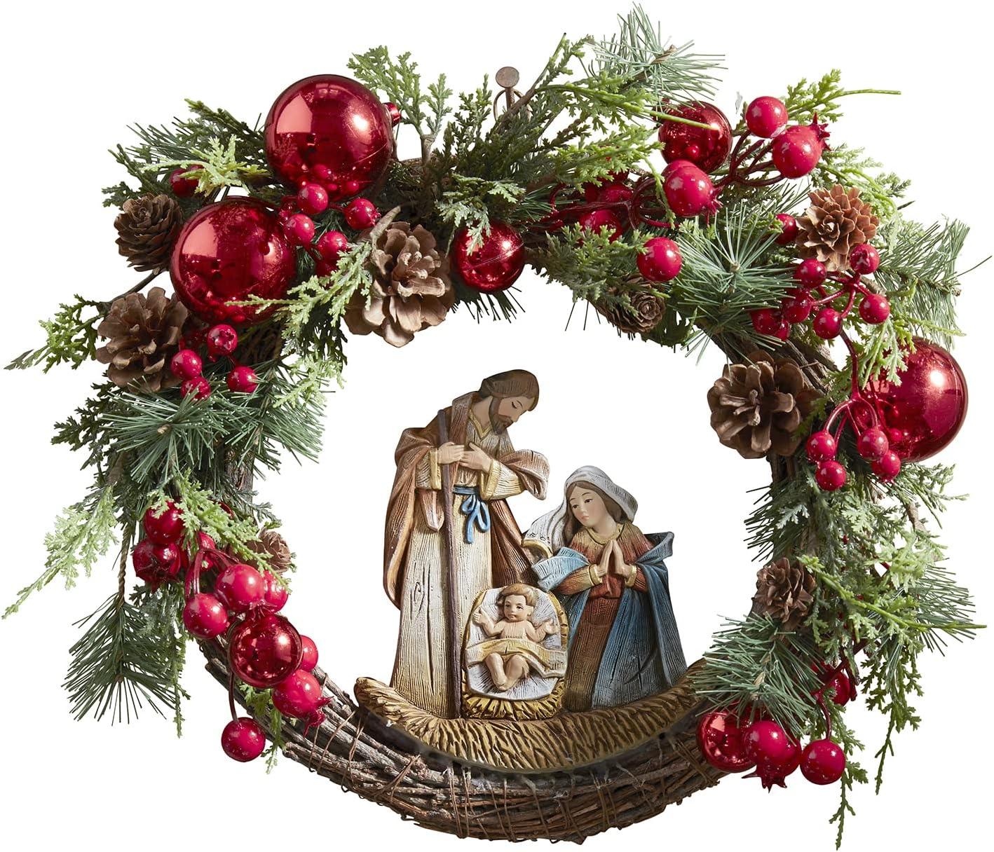 15-Inch Pine Cone and Grapevine Christmas Wreath with Nativity Scene