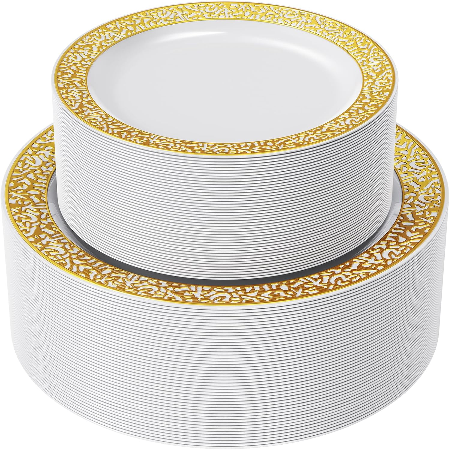 FOCUSLINE Gold Plastic Plates Set of 102, Disposable Plates with Gold Lace 51 Dinner Plate 10.25 Inch & 51 Salad Dessert Appetizer Plate 7.5 Inch, Elegant Fancy Heavy Duty Wedding Party Plates