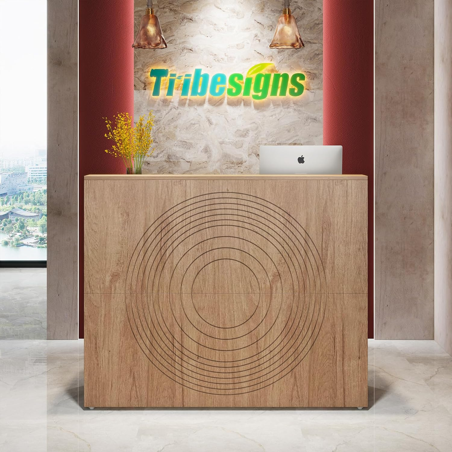Tribesigns Reception Desk with Counter, Modern Front Desk Reception Room Table with Cable Grommet, 47 inch Retail Counter for Checkout, Lobby, Beauty Salon, Home Office Desk, Oak