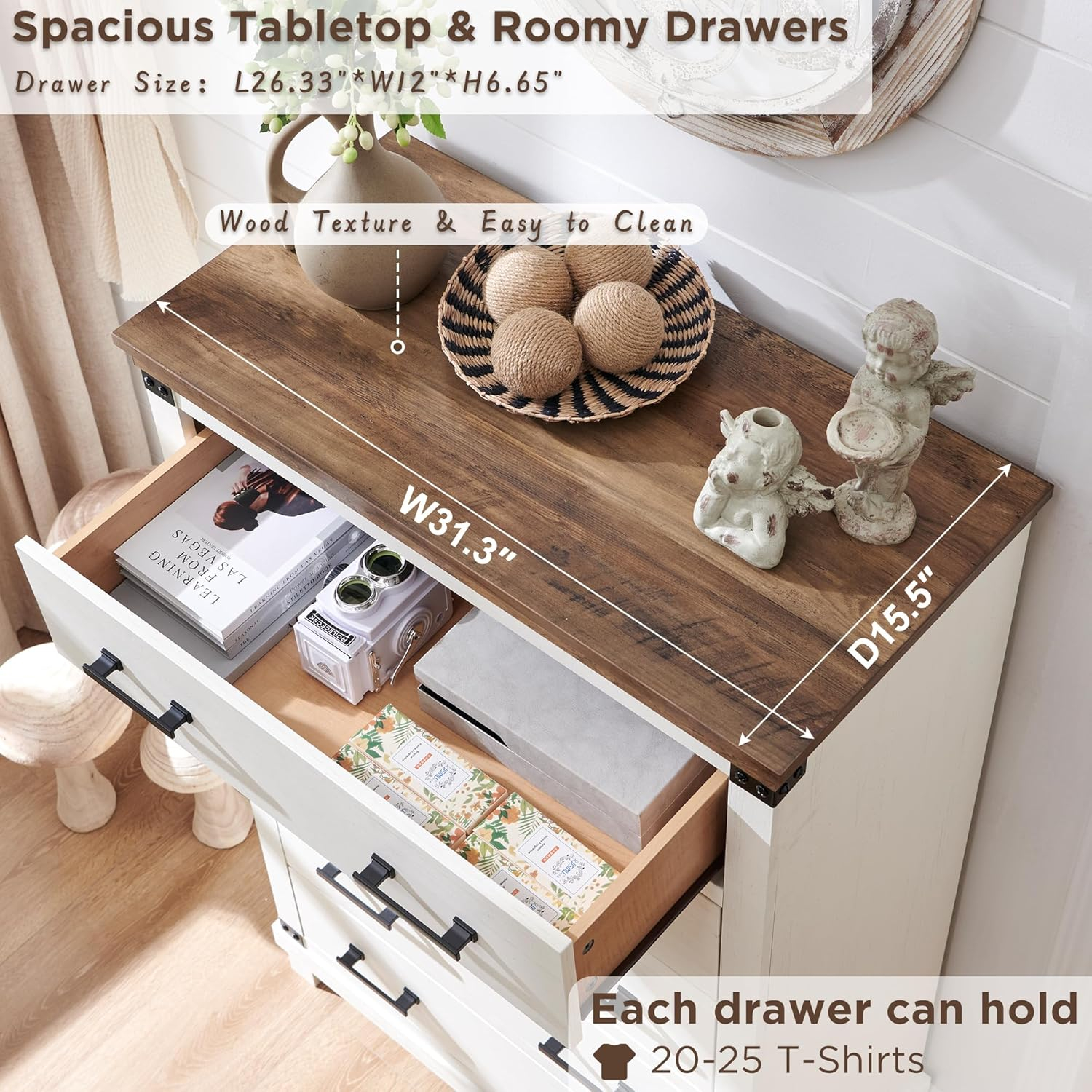 OKD Farmhouse 5 Drawers Dresser for Bedroom, Wood Tall Chest of Drawers with Thick Plank Styling, Rustic Closet Dresser for Bedroom, Living Room, Antique White