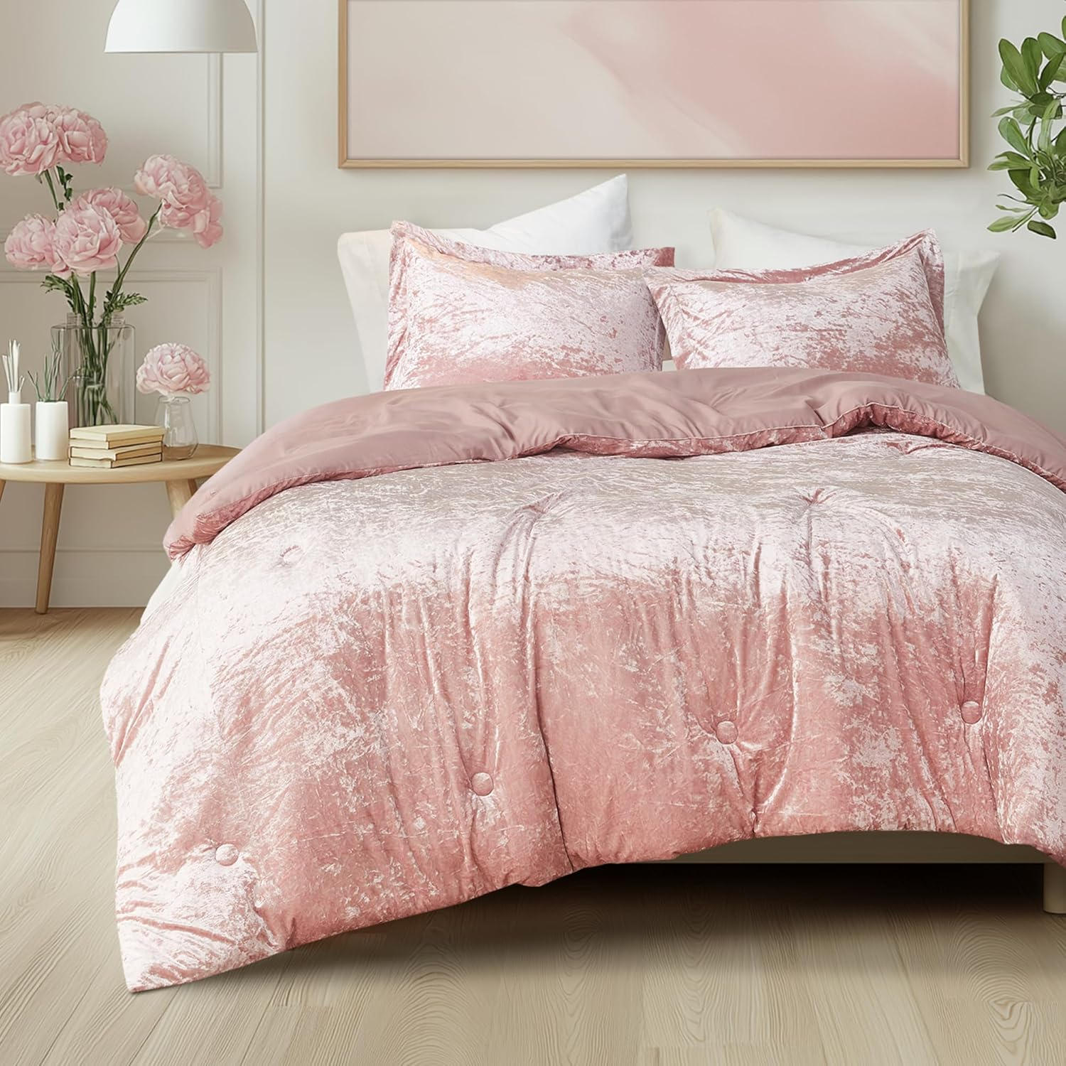 Comfort Spaces Juliette Luxe Comforter Set Velvet Lush with Soft Brushed Microfiber Reverse, All Season Cozy Velvet Bedding Sets, Fluffy Comforter Bed Set, Matching Sham, Blush Twin/Twin XL 2 Piece