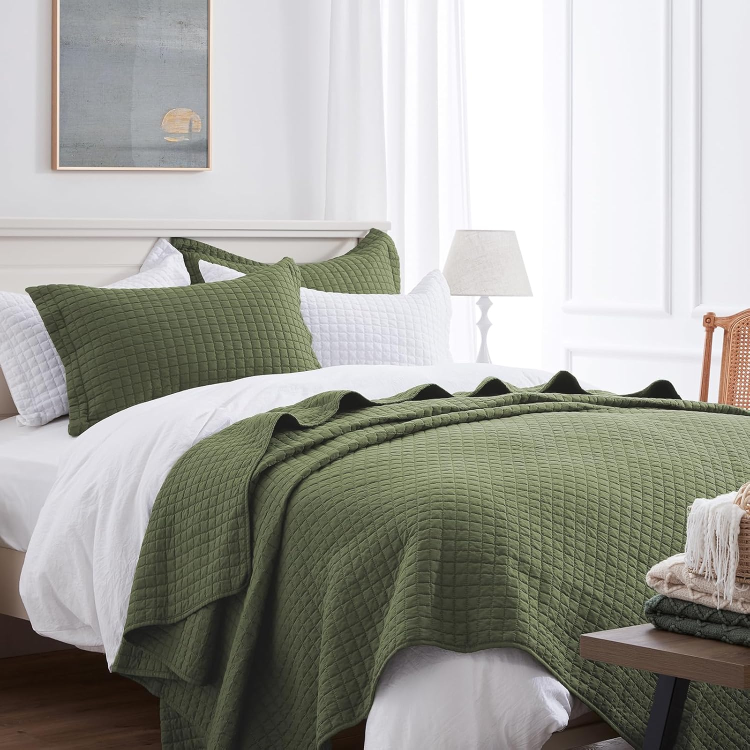 SunStyle Home Olive Green Quilt, Queen Size Quilt Set Lightweight Blanket Bedspread Full Soft Reversible Coverlet All Season 3pcs Army Green Square Quilted Bedding Sets with 2 Pillow Shams(90"x96")