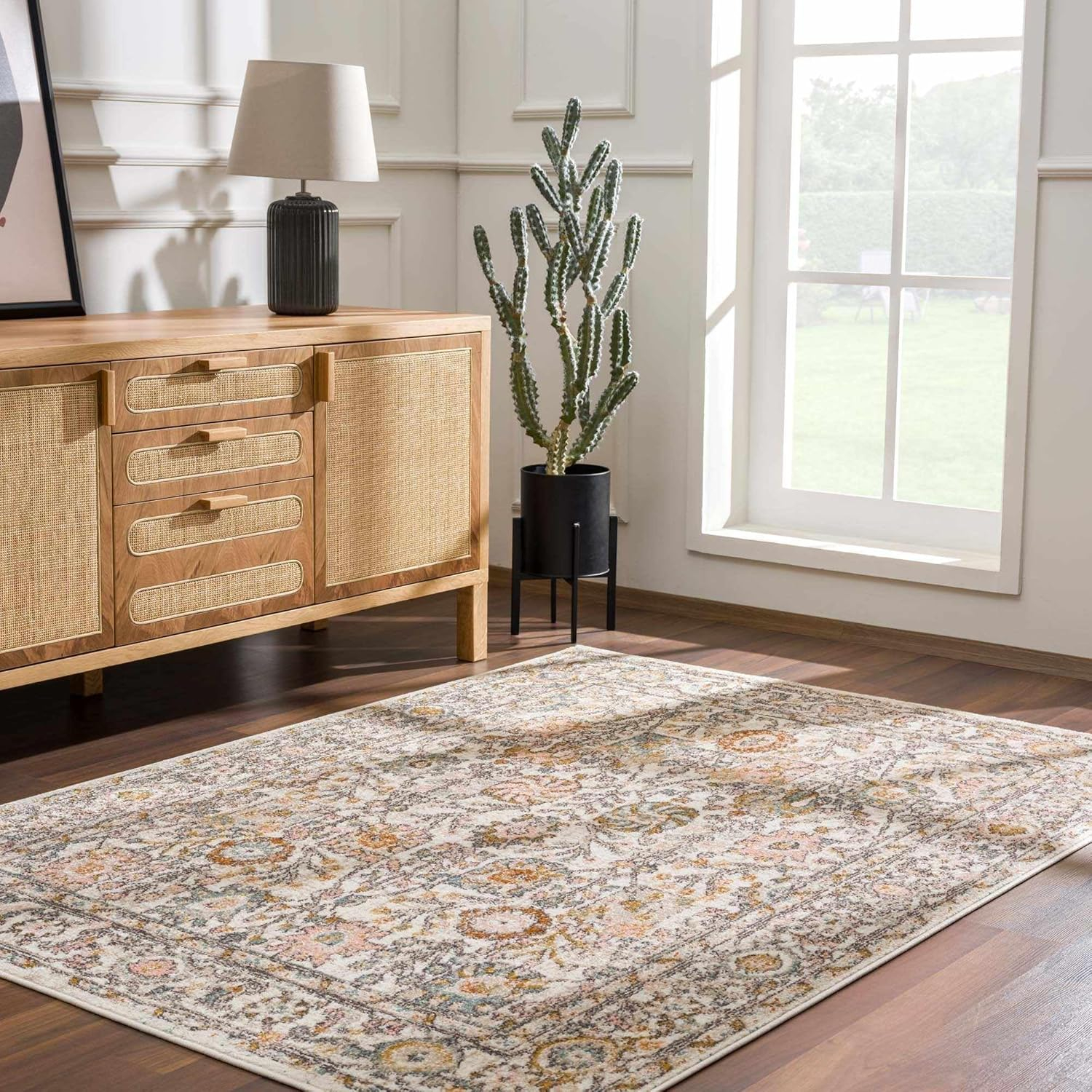 Round Off-White and Pink Synthetic Floral Area Rug