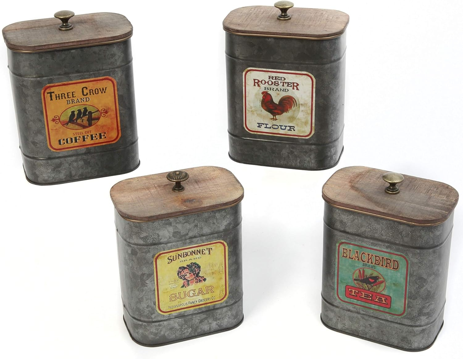 Set of 4 Large Vintage Antique Galvanized Metal Kitchen Canisters with Wood Lids Sugar Tea Coffee and Flour