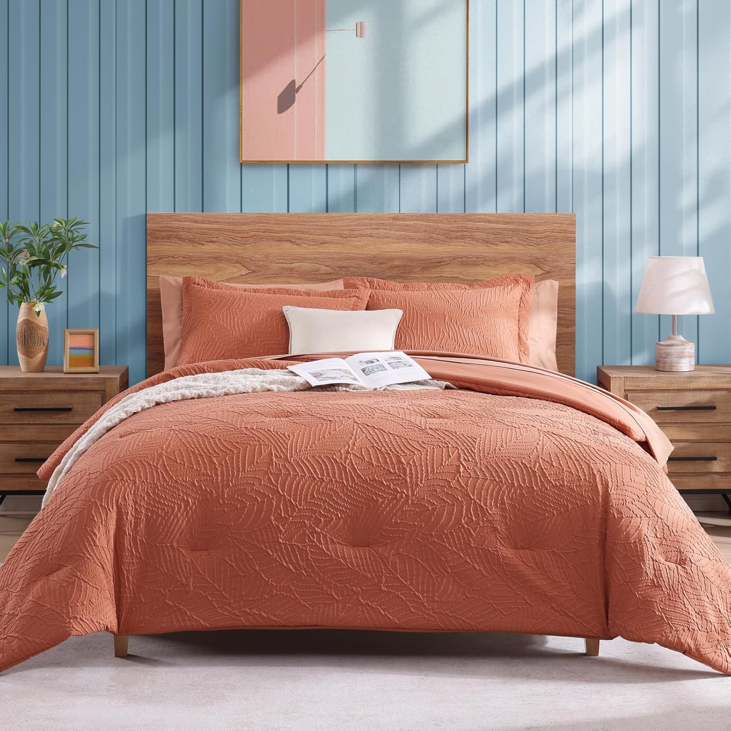 Geniospin Twin Comforter Set - 5 Pieces Burnt Orange Bedding Set, Botanical Textured Fall Comforter Set, All Season Lightweight Bed in a Bag with Comforter, Sheets, Pillowcases & Shams