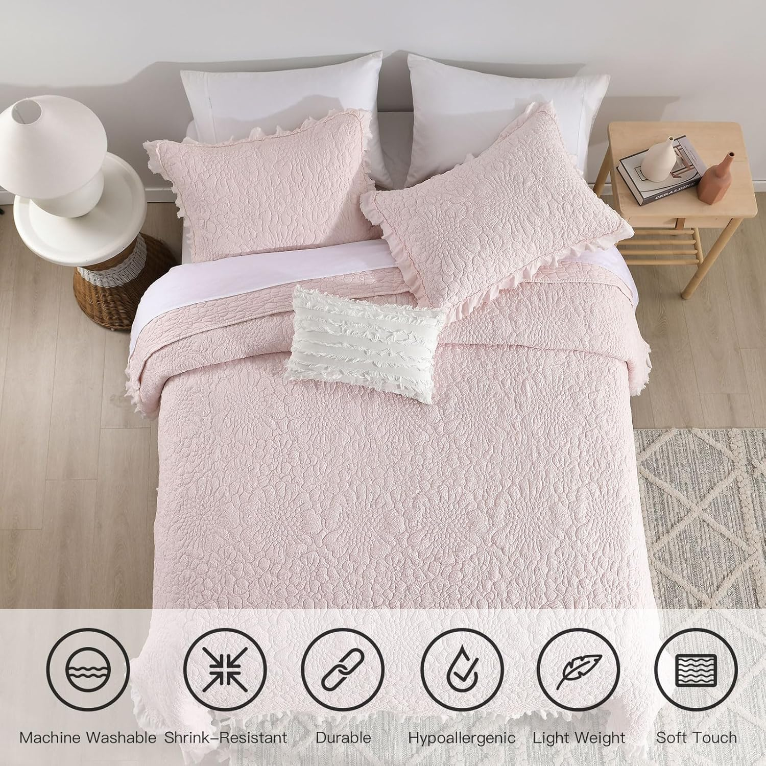 HORIMOTE HOME Pink Ruffled Quilt Twin Size, Stone-Washed Microfiber Lightweight Crinkled Farmhouse Rustic Shabby Chic Bedding Set, 2 Pieces Reversible Bedspread with Pillow Sham for All Season