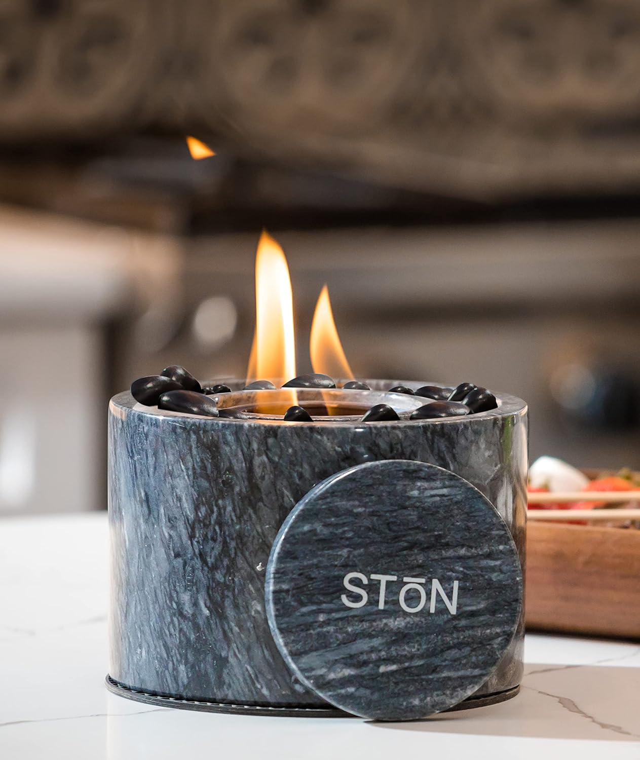 Tabletop Fire Pit Bowl - The Original Marble Portable Fireplace, Indoor Outdoor, Mini Fire Pit Clean Burning Real Flame for Patio Balcony, S’Mores Maker (Black)