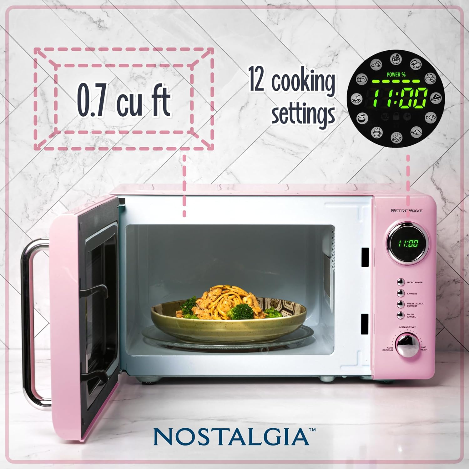 Nostalgia Retro Microwave for Countertop 0.7 cu ft Vintage Microwave, Pink