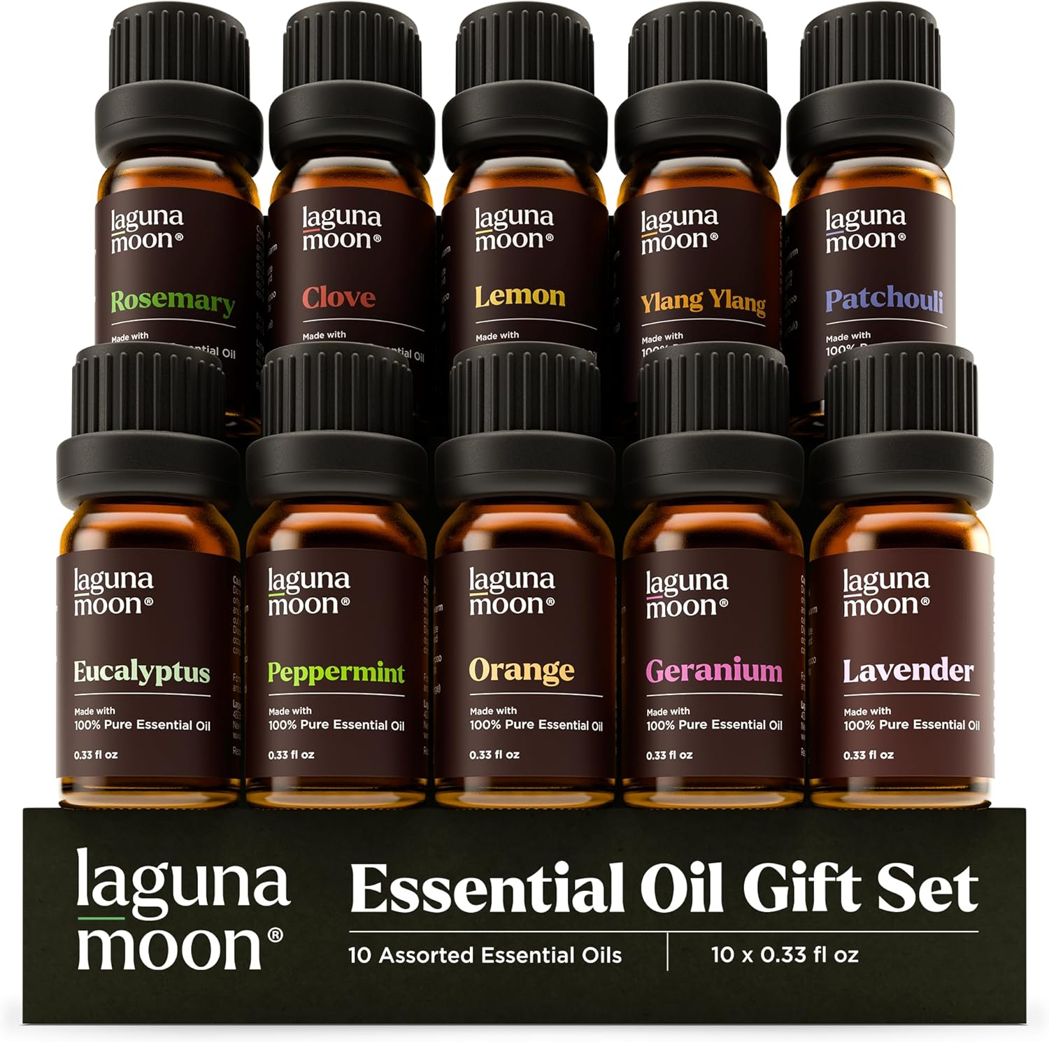 Lagunamoon 10-Pack Organic Essential Oils Set, 10mL, Top 10 Scents for Aromatherapy, Massage, Candle Making, Soap Scents, Office, Skin & Hair Care