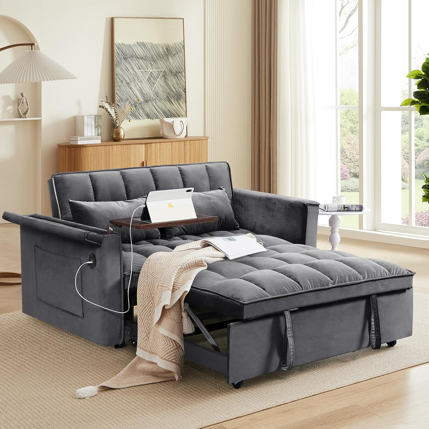 Convertible Sofa Bed,3-in-1 Velvet Sleeper Couch Pull-Out Bed,55'' Loveseat Sleeper Sofa Bed with Adjustable Backrest with Pillows and Storage Bag & USB Port and Hidden Side Computer Table,Dark Gray