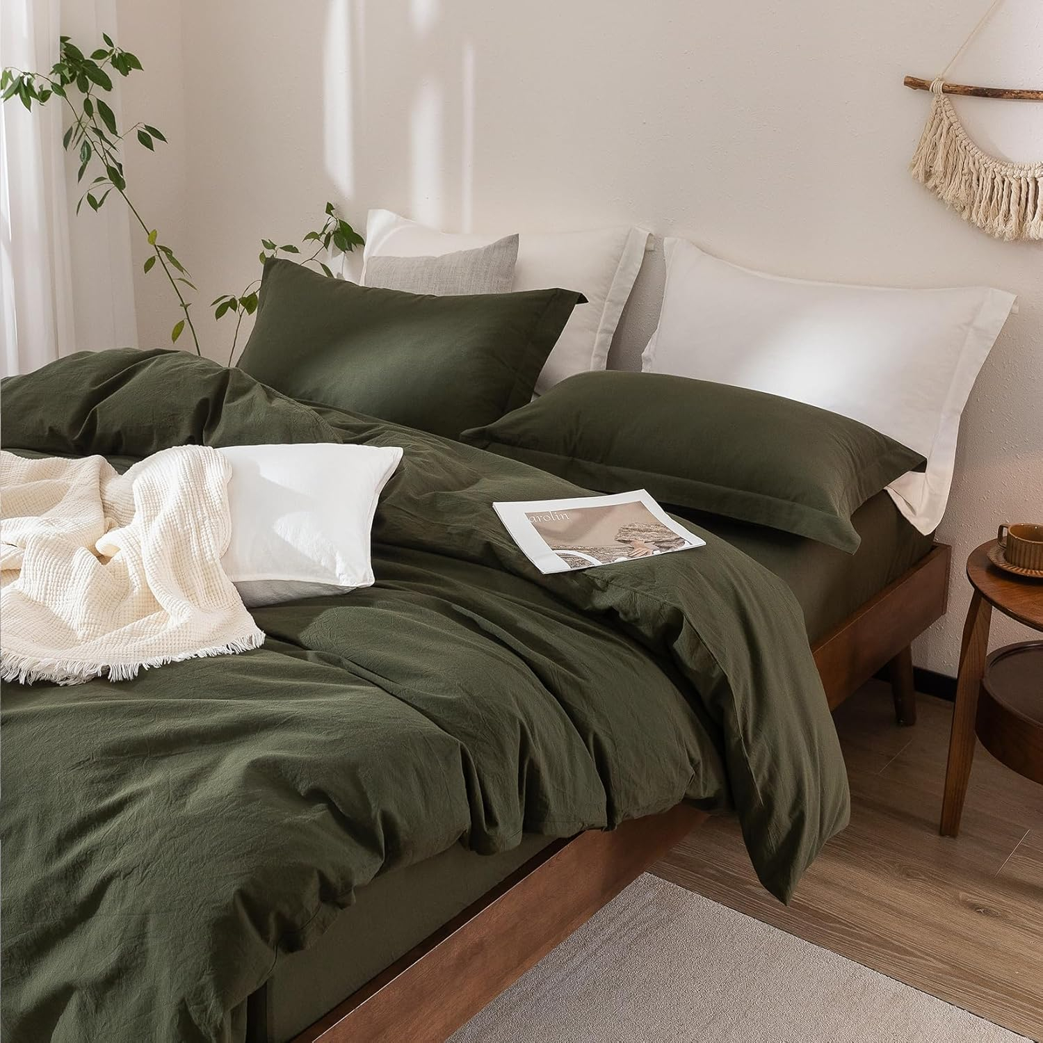 Olive Green Duvet Cover Queen Size, 100% Washed Cotton Bedding Set Cover 1 Duvet Cover 90inch x 90inch with Zipper Closure and 2 Pillowcases, Olive Green