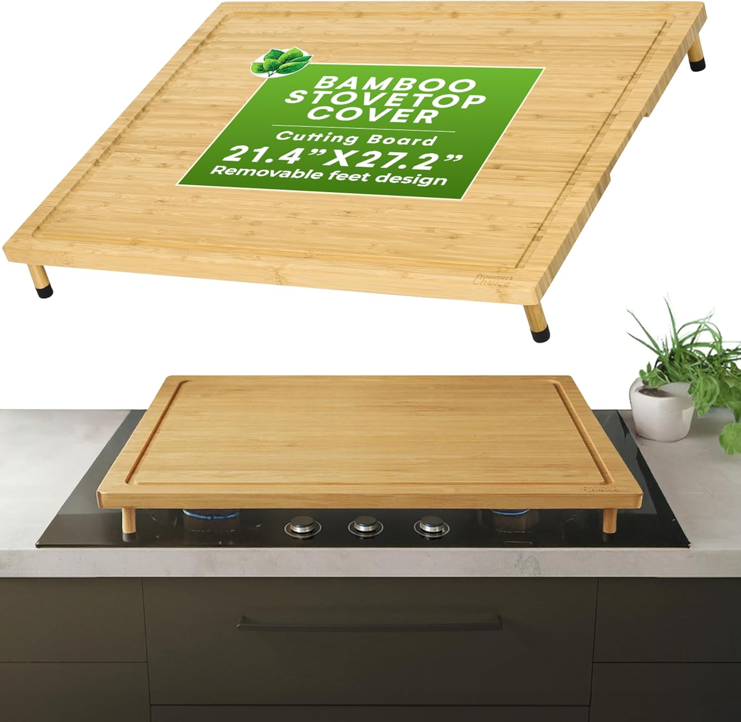 Prosumer's Choice Bamboo Stovetop Cover Cutting Board with Adjustable Legs - Large Size